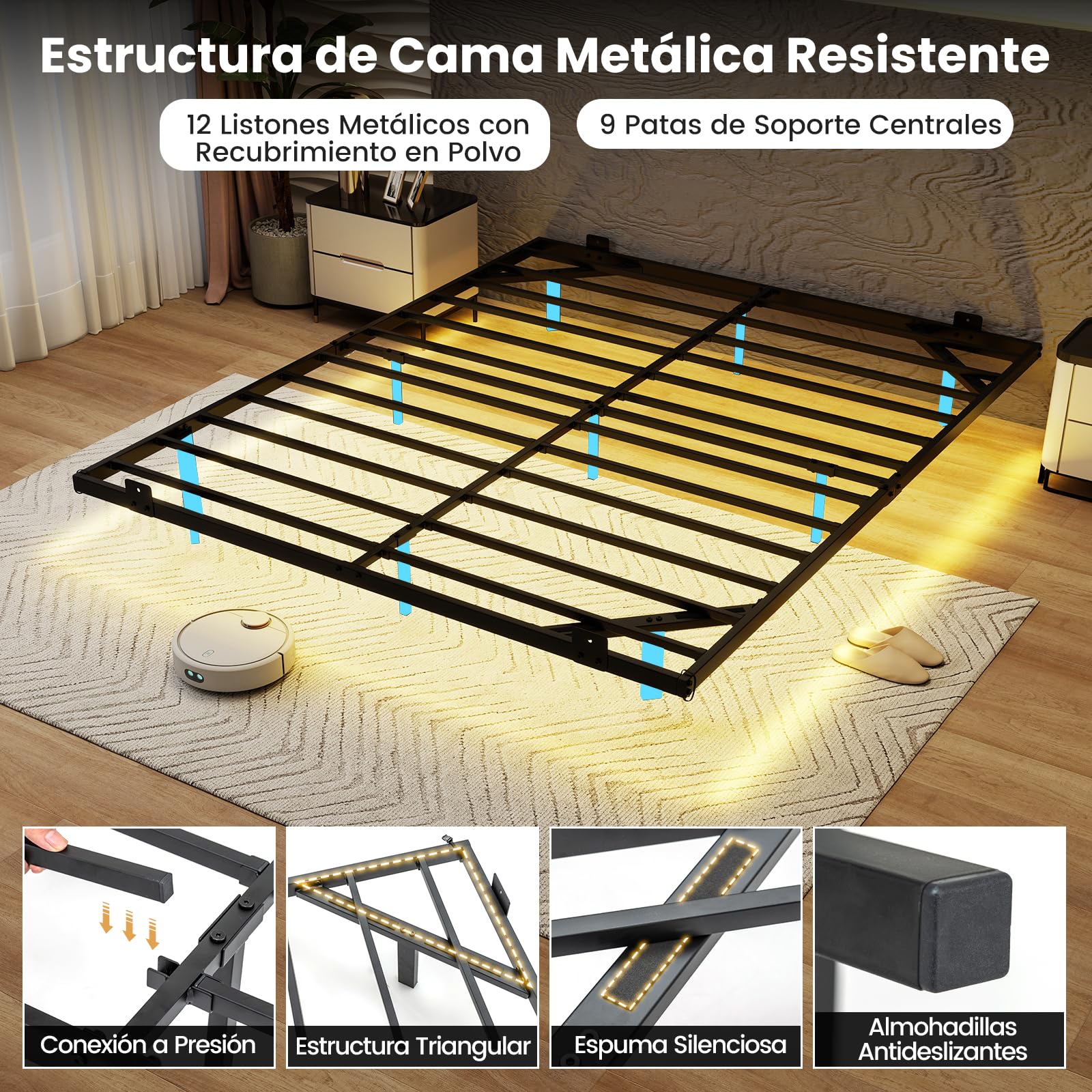 COSTWAY Estructura de Cama Flotante con Luces LED, Marco de Cama de Metal, Cama Plataforma Moderna con Tope Antideslizante para Colchón, Base de Láminas Resistentes (200 x 160 x 24 cm)