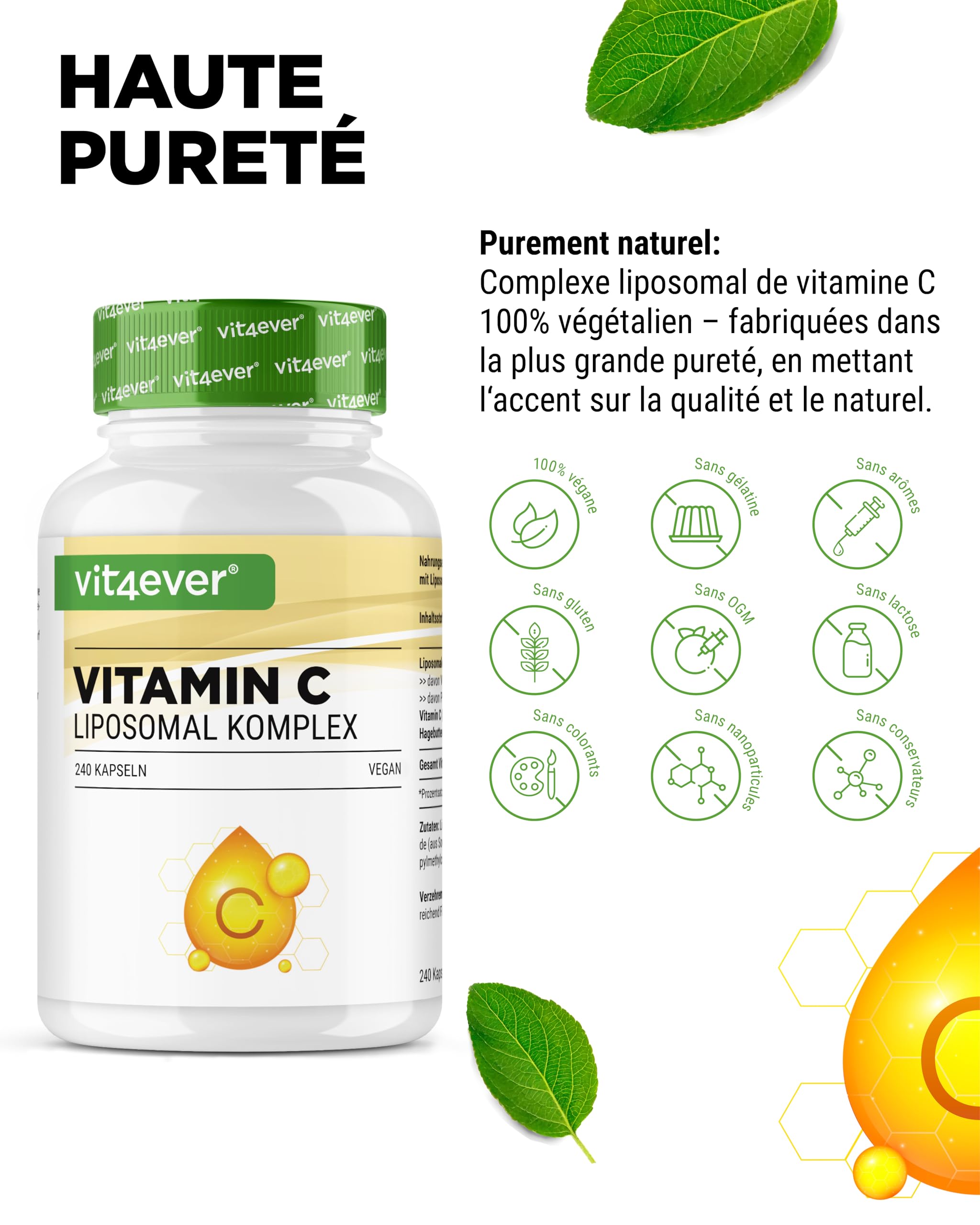 vit4ever Vitamine C Liposomale - 240 Gélules Végétaliennes - Premium : Hautement Dosée avec 1000 mg de Vitamine C Pure par Jour - Biodisponibilité Particulièrement Élevée