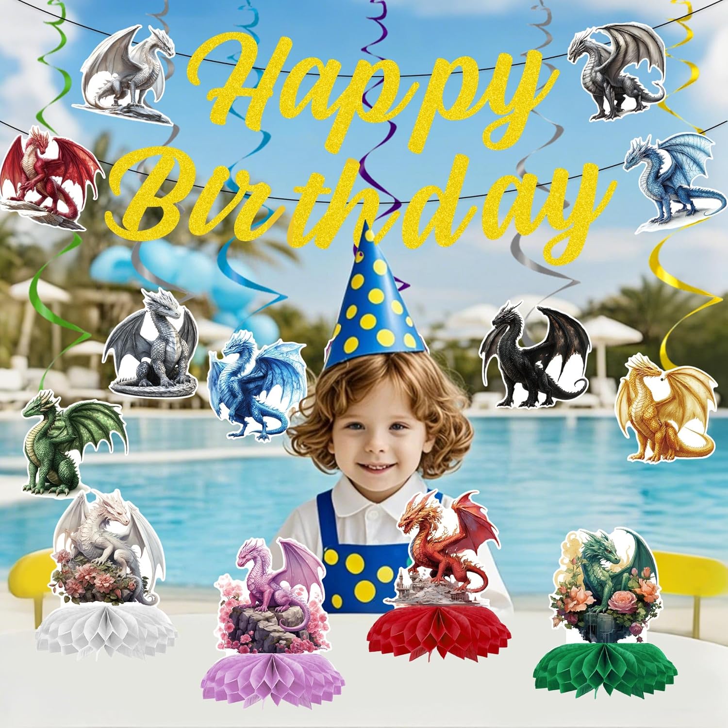 Dragon Birthday Party Decorations, 12PCS Fantasy Dragon Theme Happy Birthday Banners, Hanging Swirls, and Honeycomb Centerpieces for Kids Boys Girls Magical Party Supplies Favors - Image 6