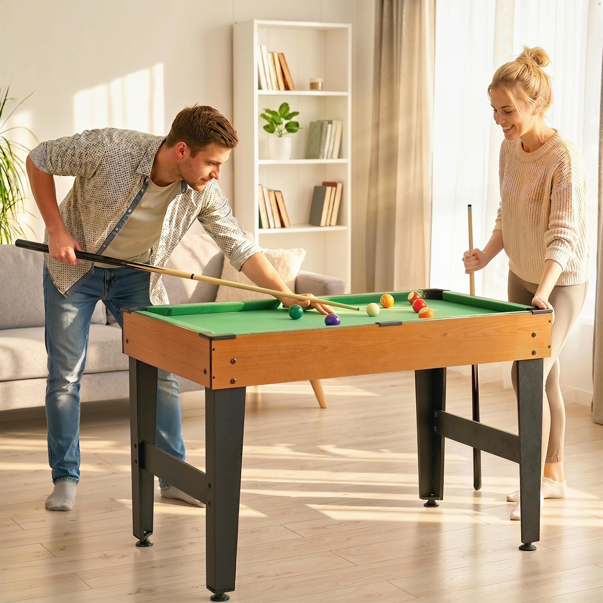 HOMCOM Multi Spieltisch 4-in-1 Tisch mit Tischtennis, Billardtisch, Tischfußball und Zubehör Multifunktionstisch für Erwachsene 107 x 61 x 84,5 cm Schwarz Naturholz