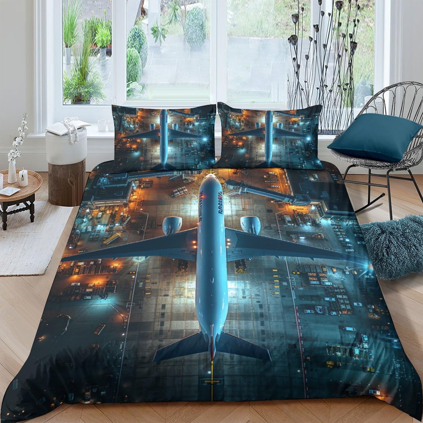 Housse de couette avion 3D 200x200 cm avec 2 taies d'oreiller en microfibre pour lit double