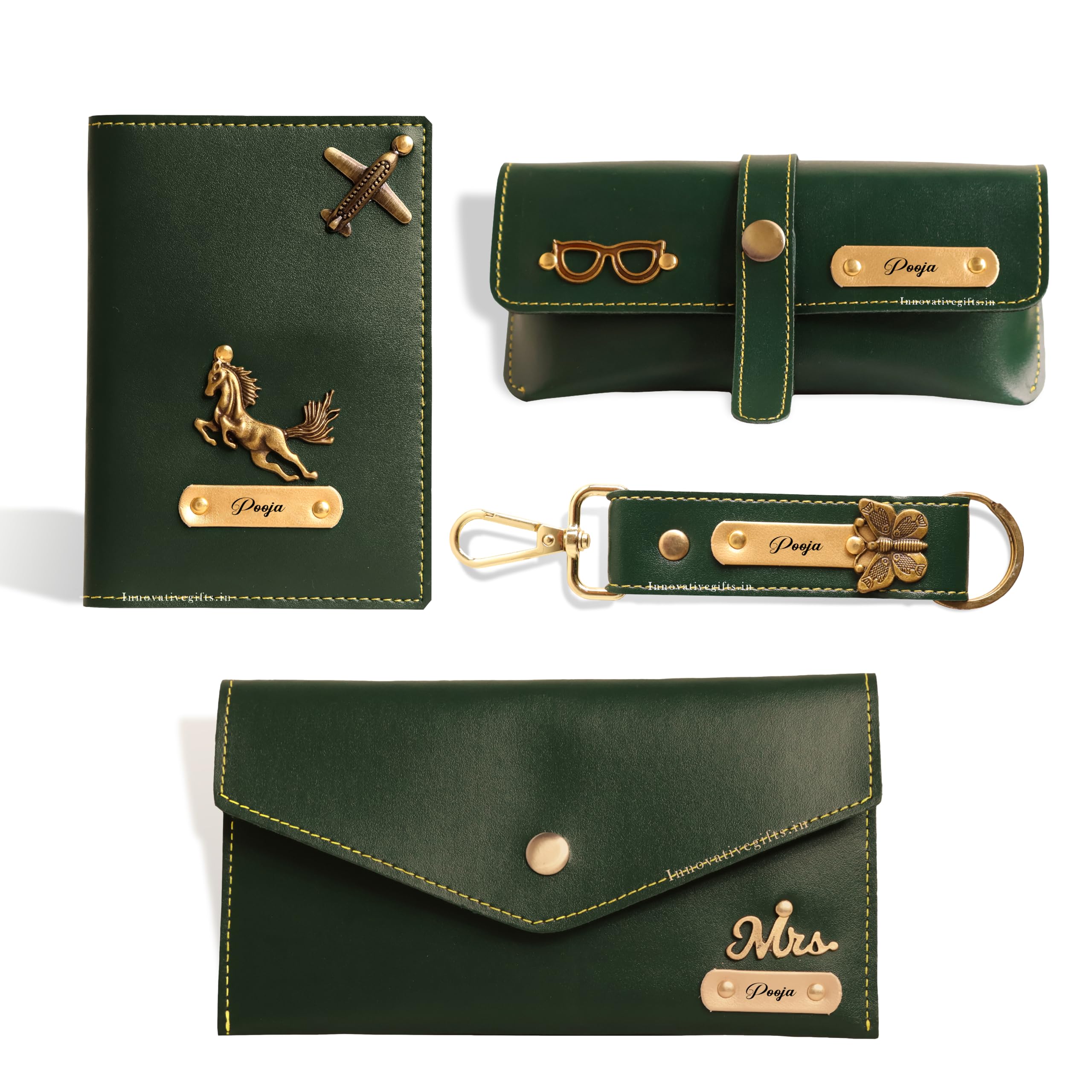 Women's Customized Wallet, Keychain, Sunglass & Passport Cover with Name & Charm I Personalized Vegan Leather Gift Combo Set I for Girlfriend Women Wife Birthday Anniversary (Olive)-image-7