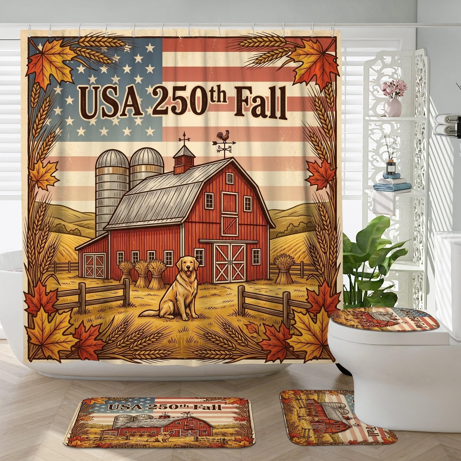 Tapis de bain Golden Retriever ferme d'automne avec rideau de douche 4 pièces