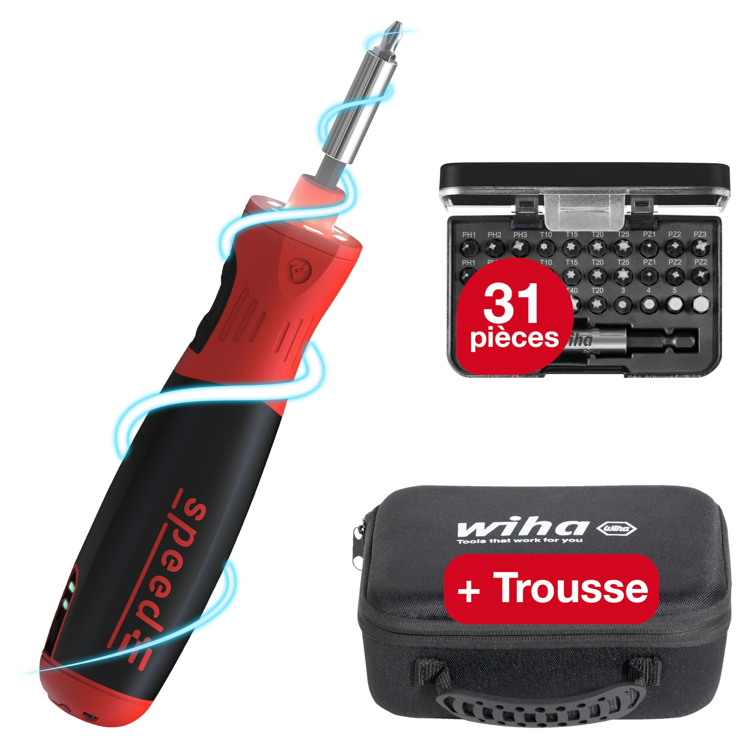 WIHA WERKZEUGE GMBH SpeedE PocketDrive 1N-5Nm | (45791) Bit set in box and pouch I 1.0 Nm + 5.0 Nm I cordless screwdriver in storage box with USB charging cable