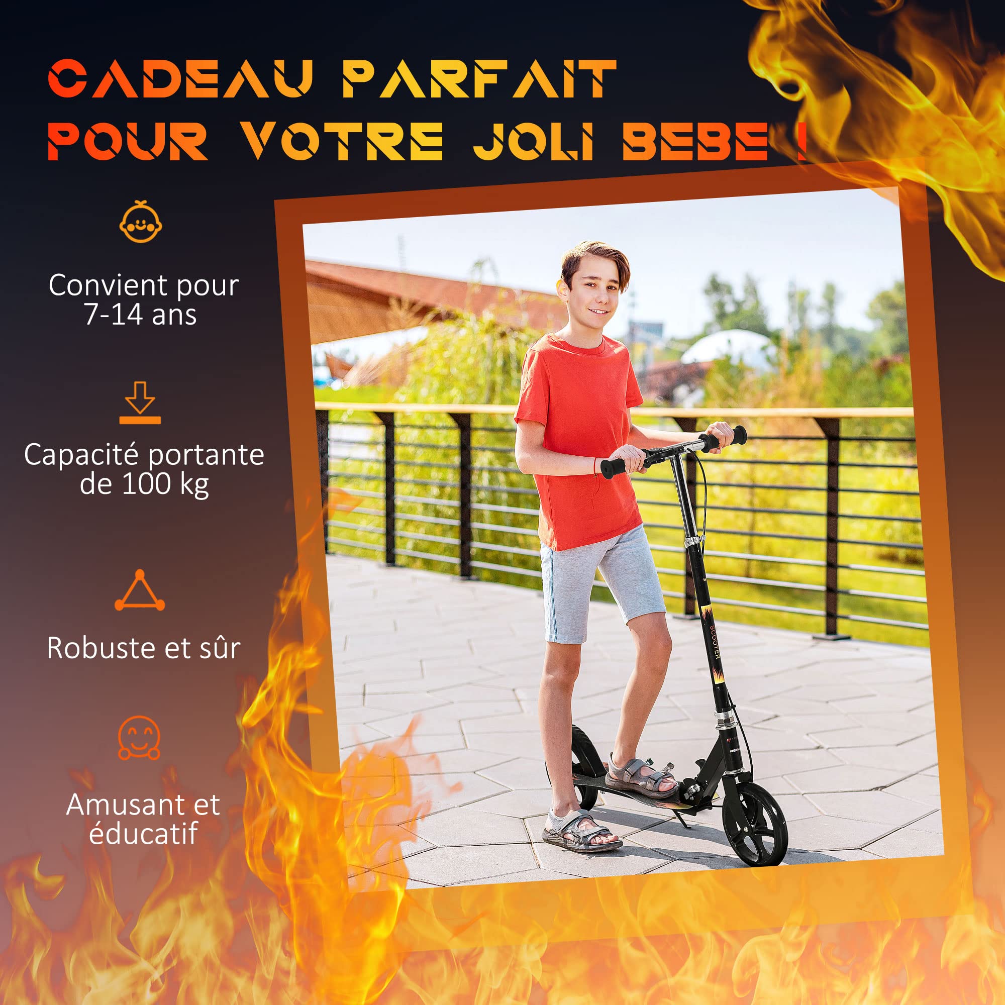 HOMCOM Trottinette Enfant Pliable à 2 Roues pour Enfant de 7 à 14 Ans avec Guidon réglable en Hauteur sur 3 Niveaux et Double Frein - Noir
