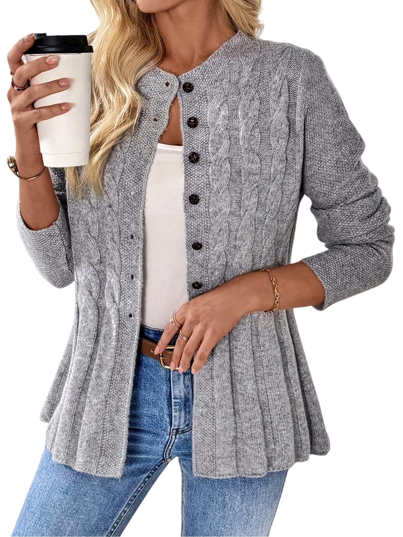 Womens Long Sleeve Button Up Cable Knit Cardigan 2025 Fall Crewneck Cardigans Comfrt Grey Sweaters Jacket