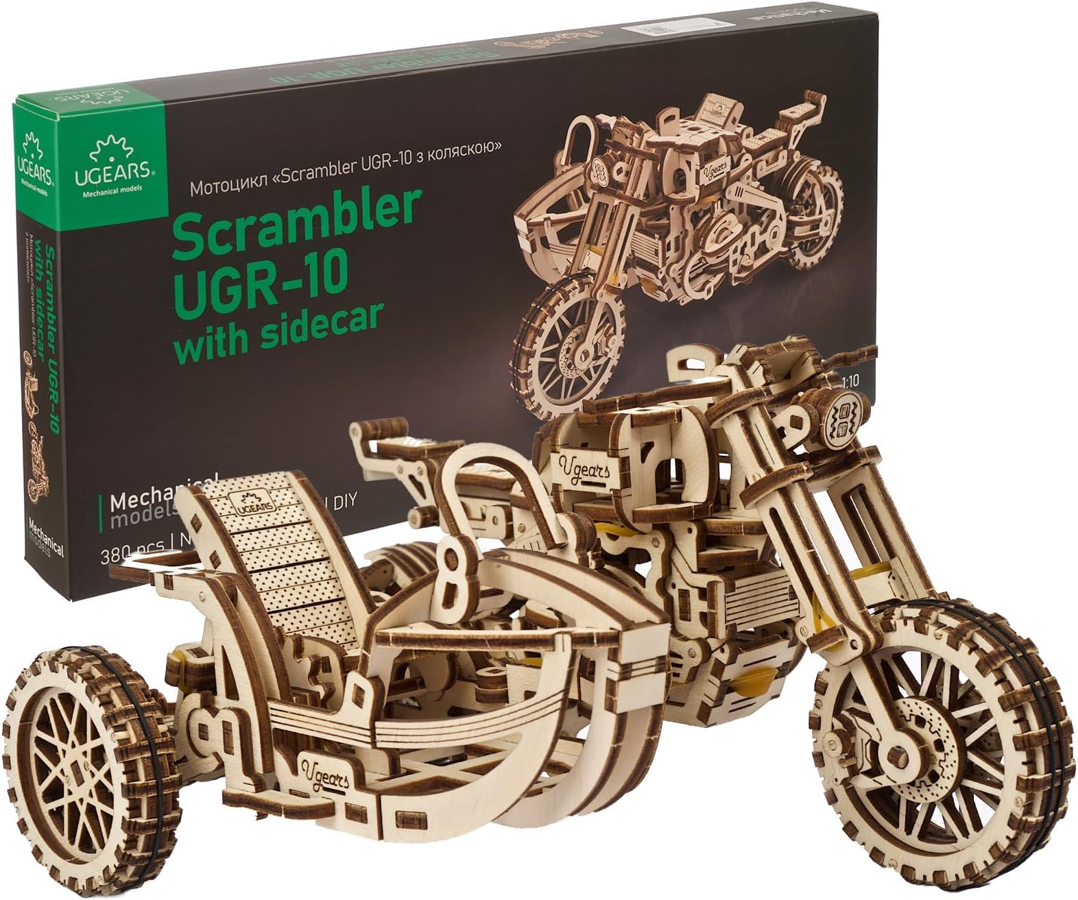 UGEARS Scrambler UGR-10 Motor Bike with Sidecar - 3D Puzzle Build Your Own - Mechanical Wooden Model Kits For Adults to Build - 3D Wooden Puzzles for Adults Motorbike for Men