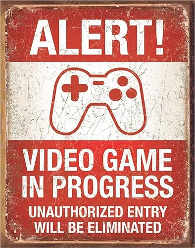 Desperate Enterprises Alert! Cartel de lata de videojuegos en progreso Decoración nostálgica de pared de metal vintage Hecho en Estados Unidos