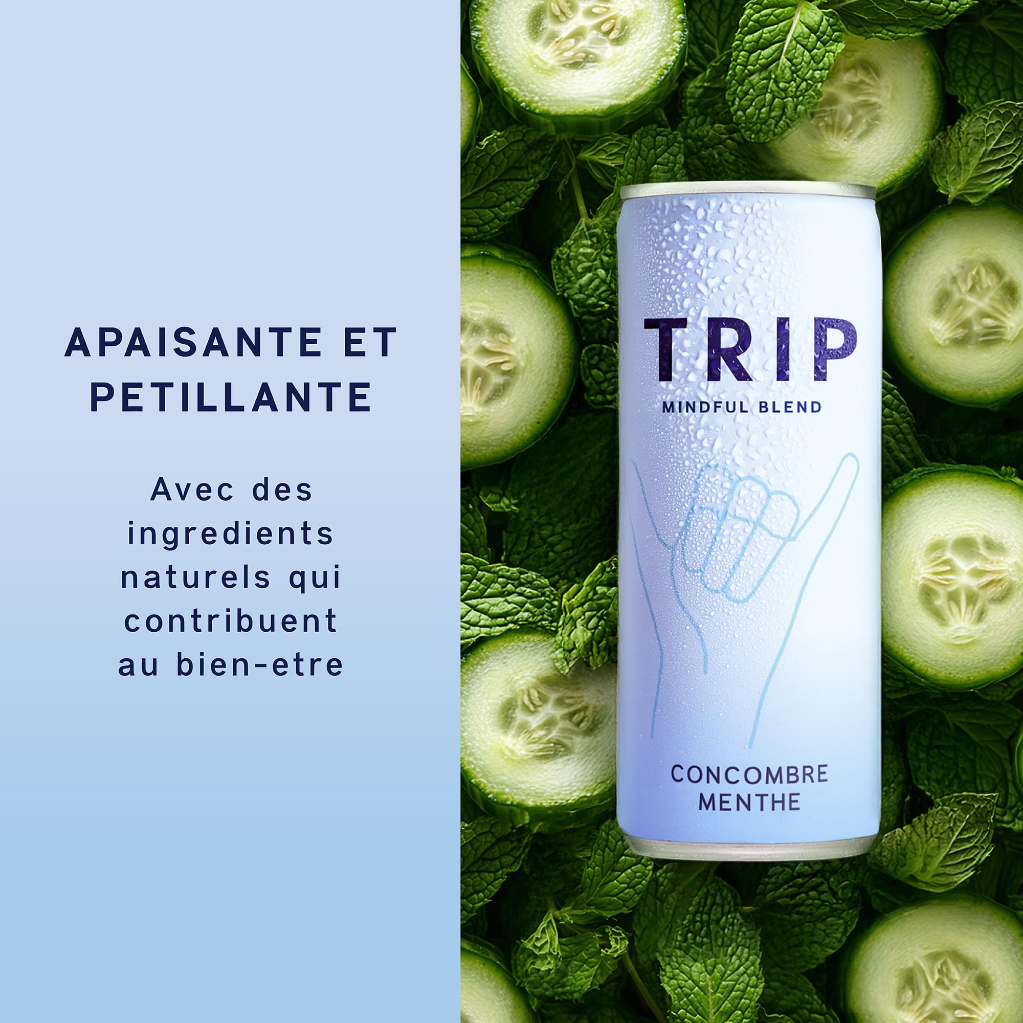 Trip Mindful Blend, boisson légèrement pétillante aux adaptogènes, mocktail avec 120mg de magnésium, crinière de lion et L-théanine, sans sucres ajoutés, végétalienne, saveur menthe-concombre 12x250ml
