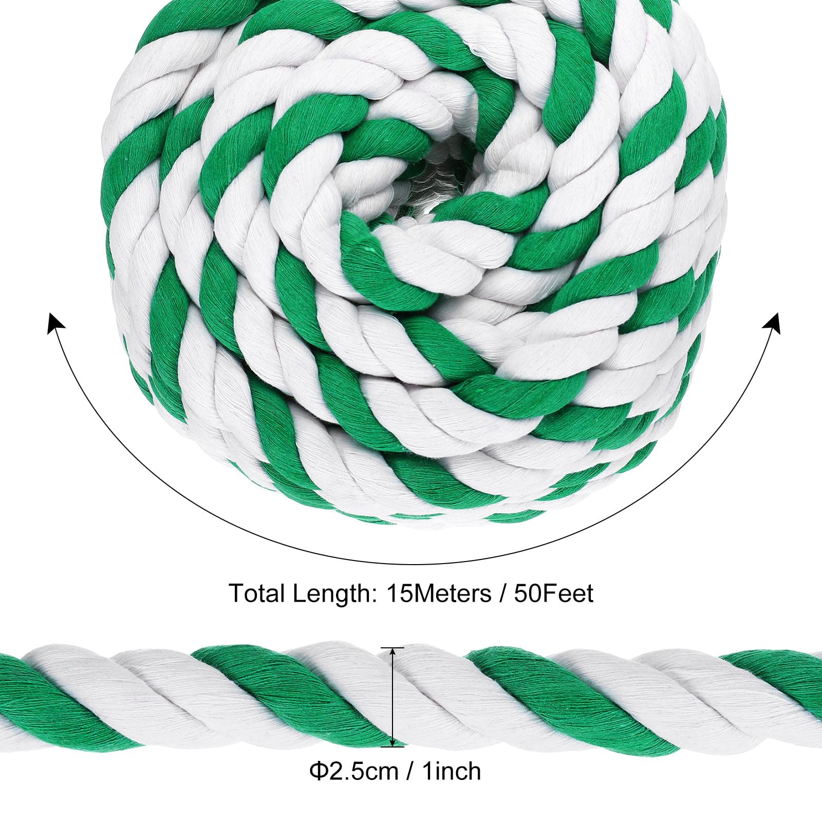 PATIKIL 1 Inch x 50 Feet Natural Twisted Cotton Rope 3 Strand Strong Thick Cotton Rope Tug of War Rope for Railings Crafts Games Home Decor Green White - Image 2