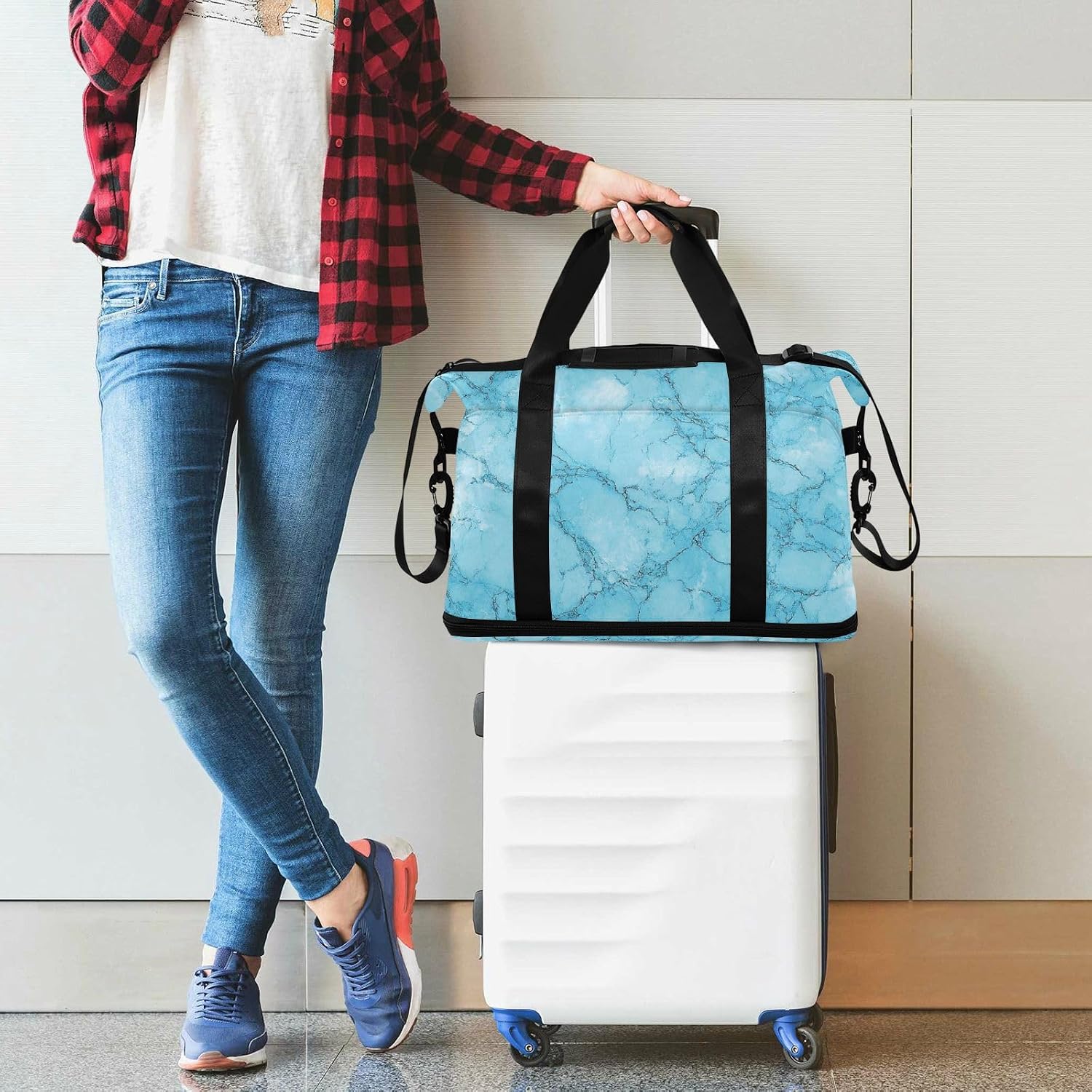 Blue-green Irregular Marble Texture Gym Bag Sports Gym Tote Bag with Adjustable Strap for Trekking 2 Pcs Set
