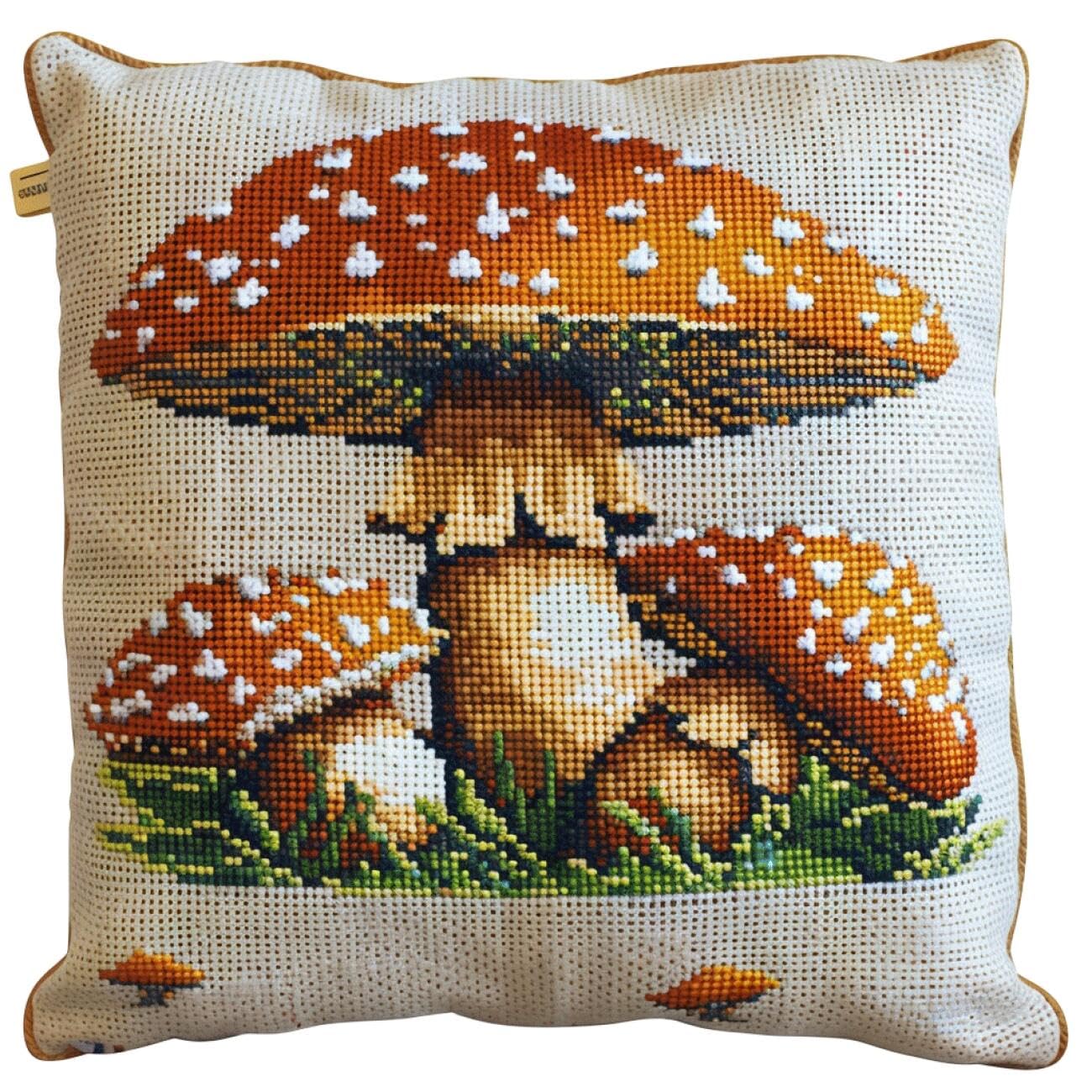Henypt 9CT Cross Stitch Kits for Adults Pillow Cartoon Mushroom Needlepoint Craft Set Pre Printed Handmade Cushions Cover Stitched Cushion Kit Decorative for Adults Beginners 45x45cm