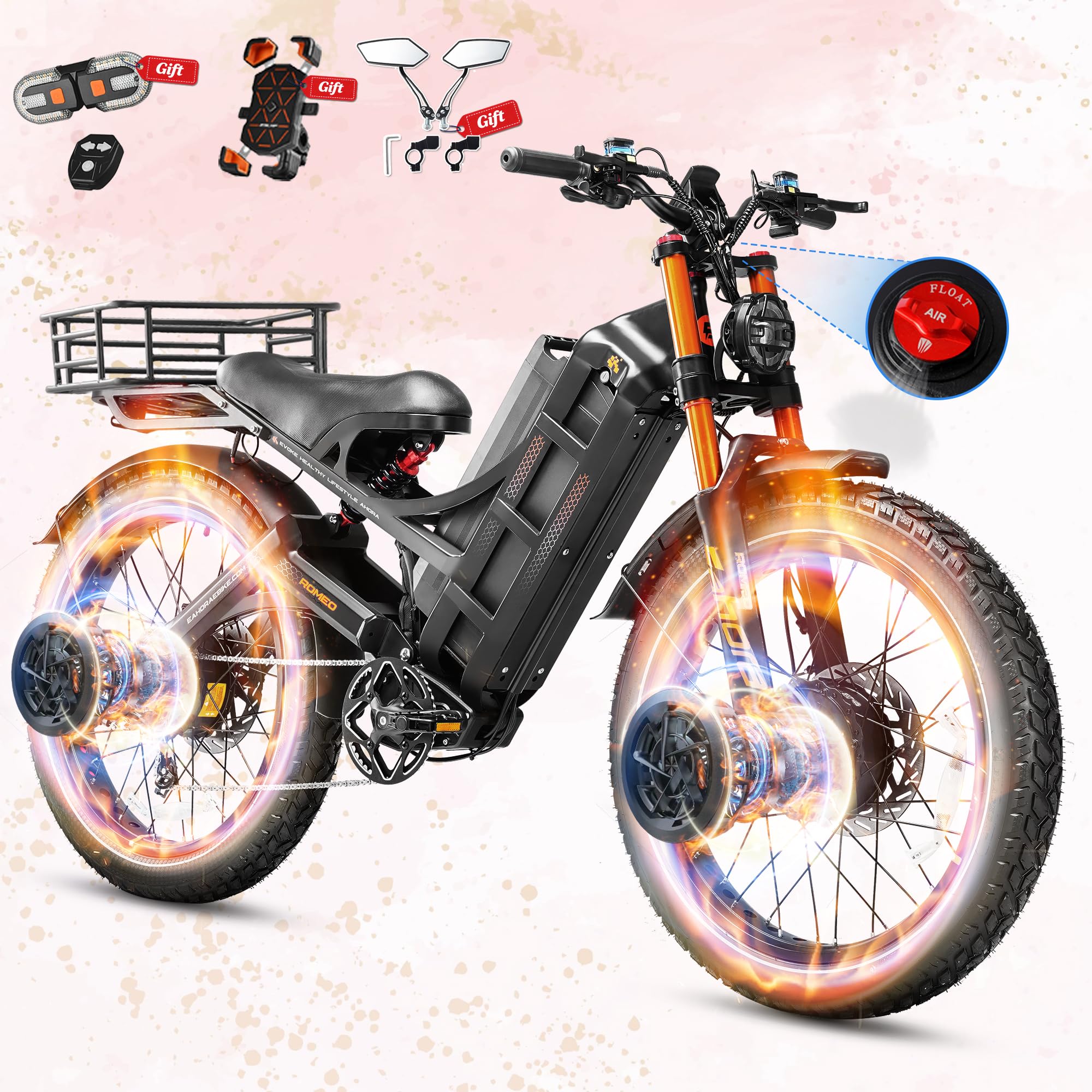 eAhora 2026 Romeo Pro 3/2 52-46Mph Electric Bike for Adults 6000W/4000W/2500W Dual Motor Ebike 60V/80Ah 52V/70Ah Long Range Fat Tire Full Suspension Electric Mountain Bicycle