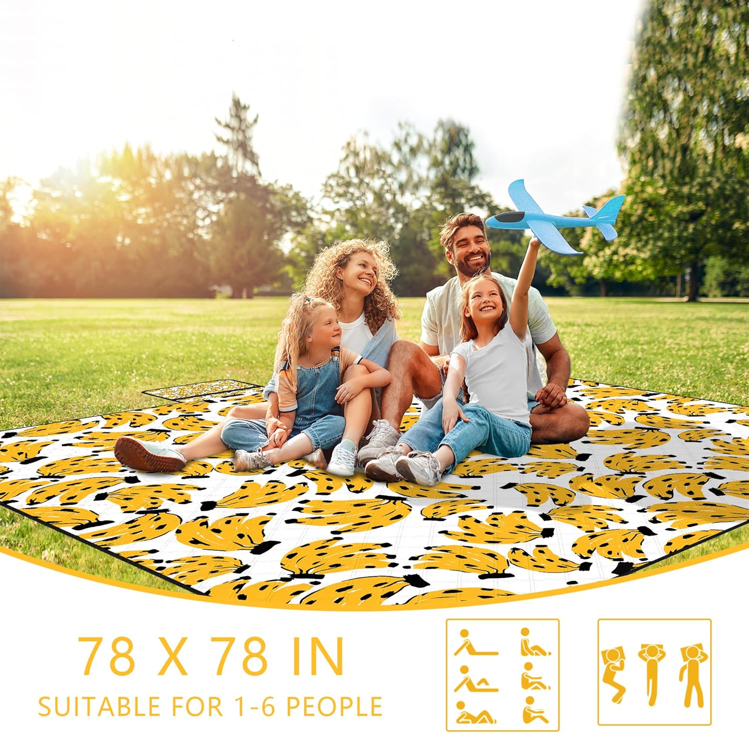 Picnic Blankets Waterproof Foldable, 78''*78'' Large Beach Blanket Waterproof Sandproof, Portable Outdoor Blanket for Camping, Beach, Grass, Park, Outdoor Essentials Must Haves-Bananas - Image 2
