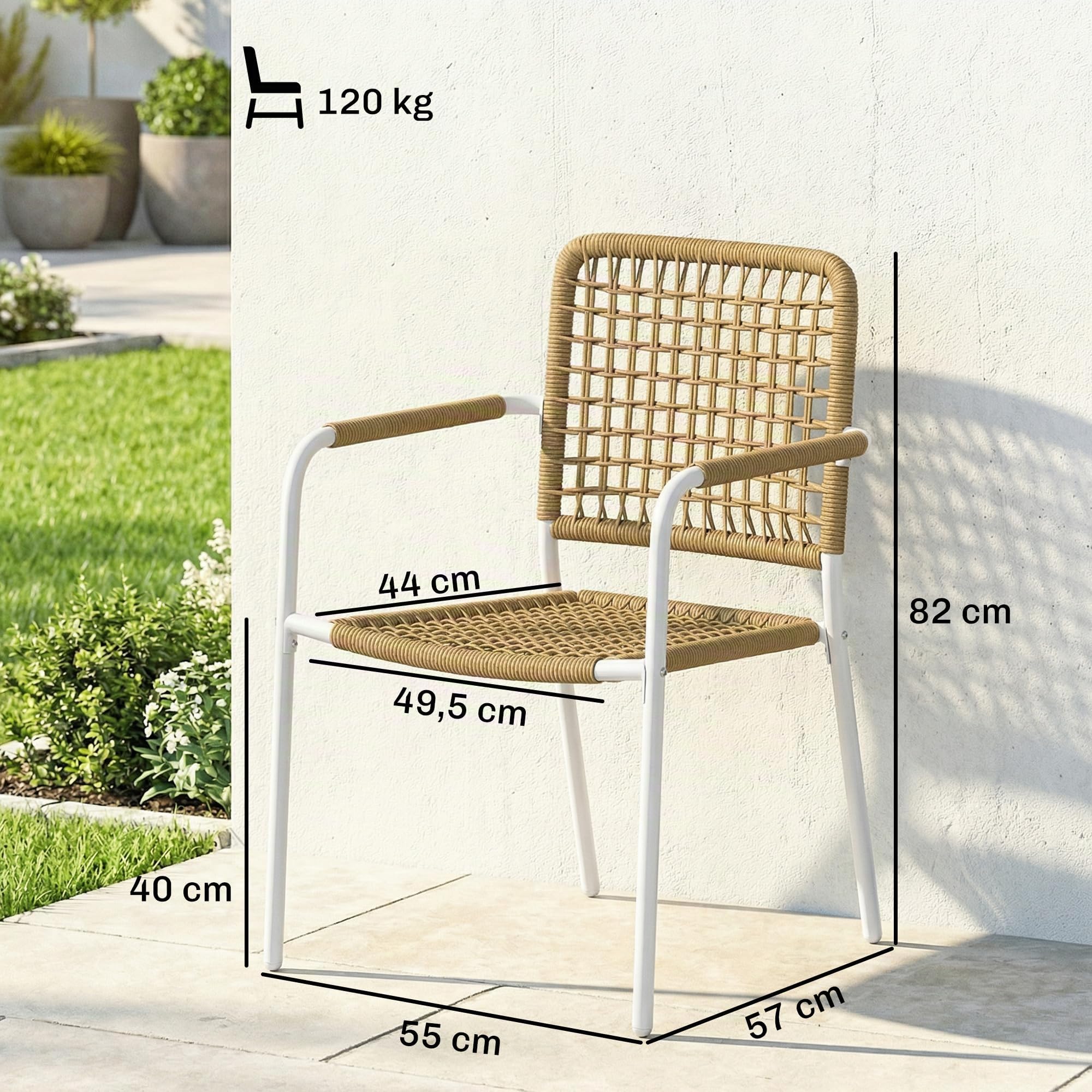 Outsunny Lot de 2 Chaises de Jardin en Résine Tressée Empilables Jaune | Chaise de Salle à Manger, avec Accoudoirs et Dossier, Fauteuil de Jardin Exterieur, pour Balcon Terrasse Patio