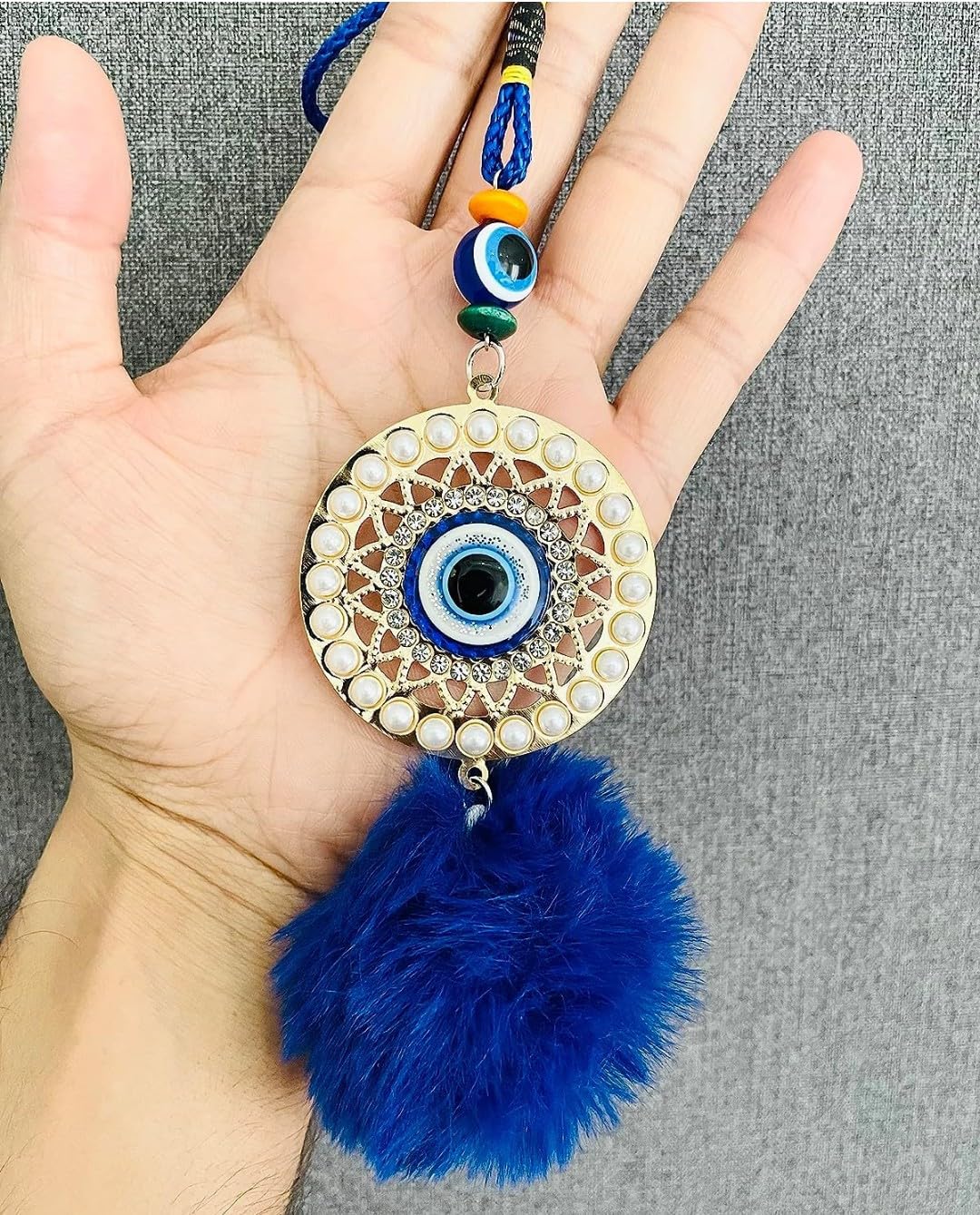 Evil Eye Hanging For Home, Car & Office With Soft Fur | Home Entrance Nazar Battu | Hanging For Good Luck & Prosperity | Blue Fabric Hanging