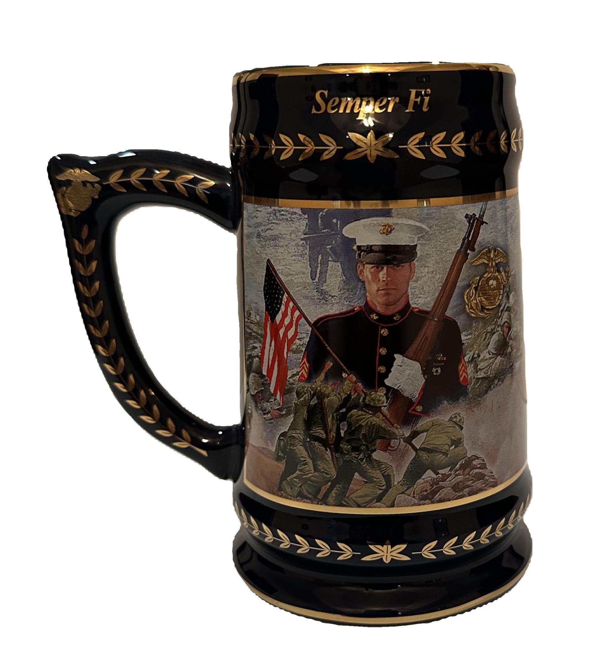 USMC Semper Fi Commemorative Beer Stein, 24 oz, Black and Gold Porcelain with Iwo Jima Design, 6 Inch