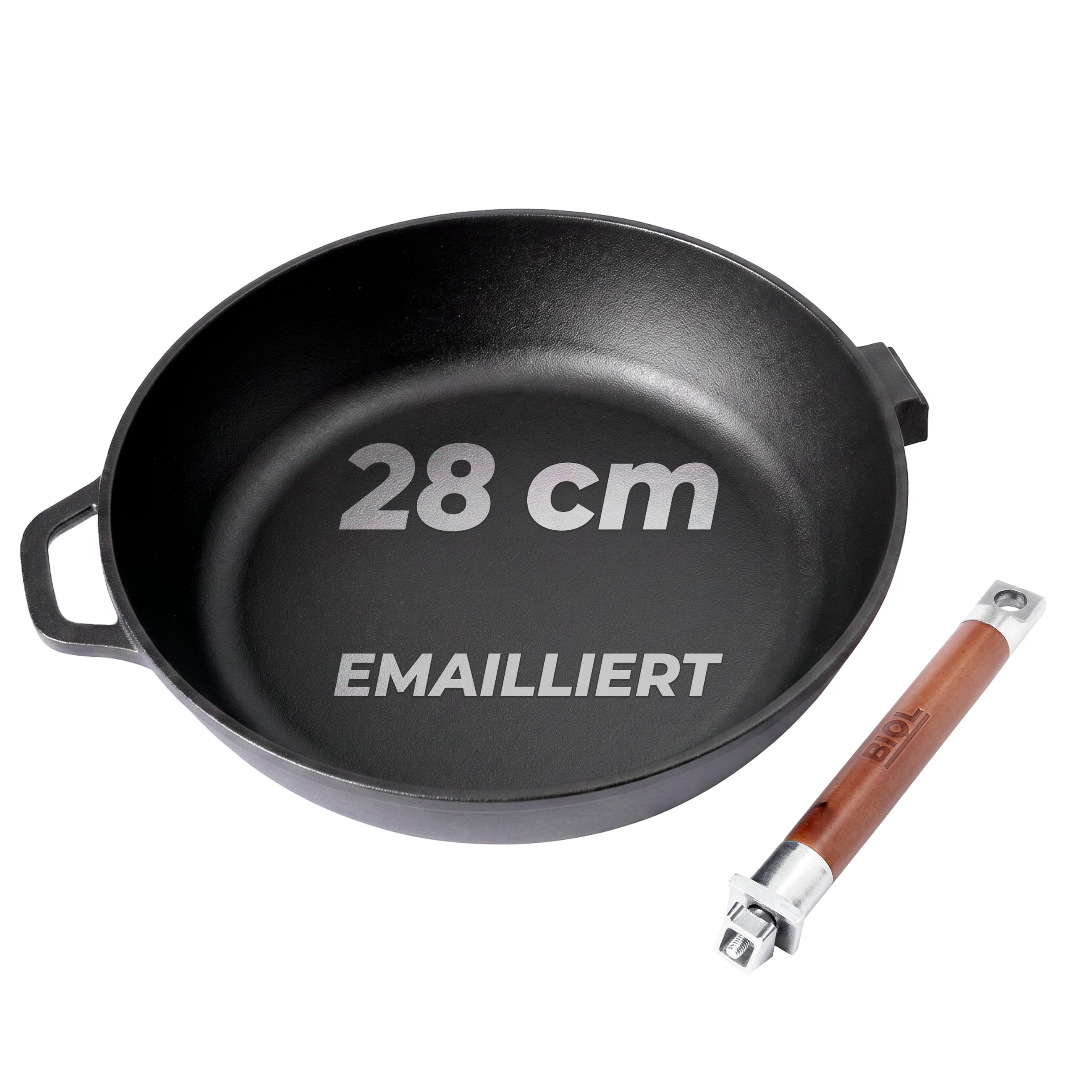 BIOL Sartén cm de hierro fundido esmaltado – Sartén de inducción de hierro fundido profundo con mango de madera extraíble, sin PTFE, para freír y guisar (28 cm sin tapa)