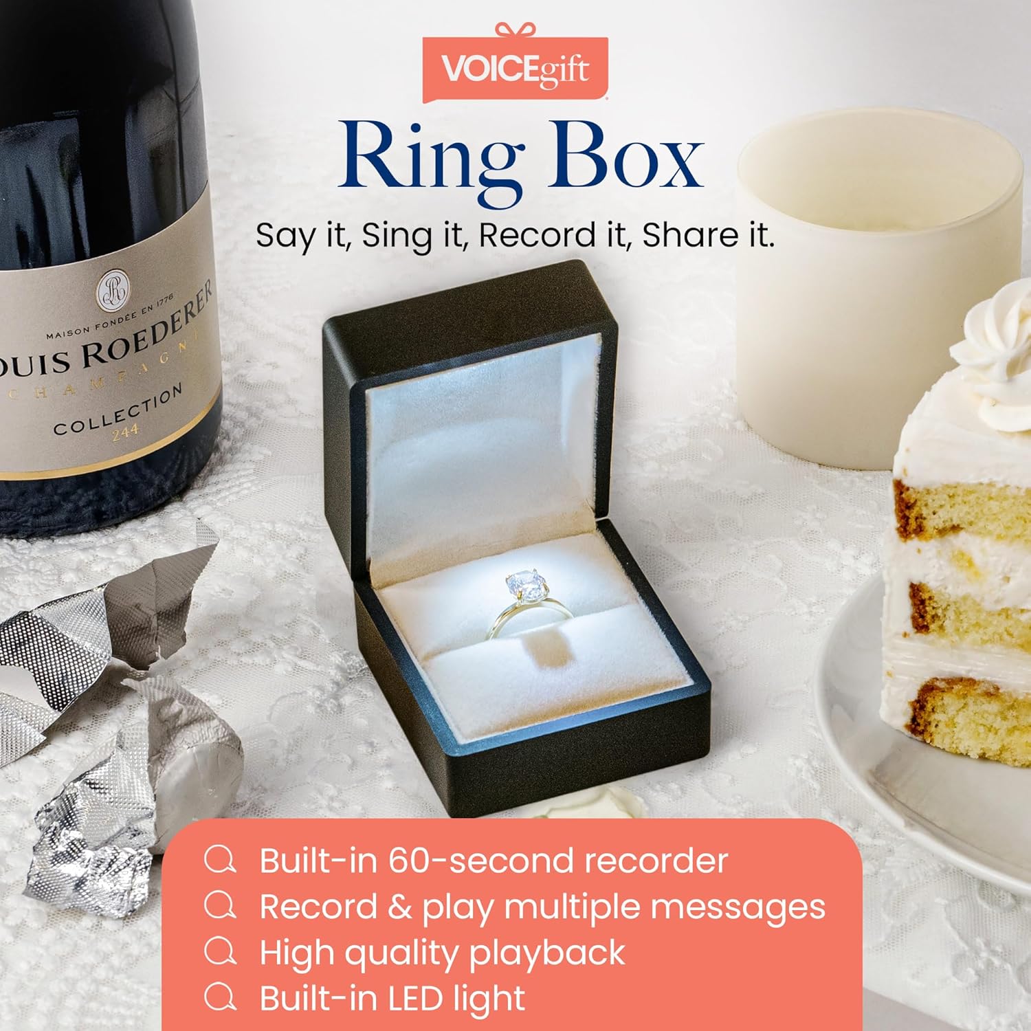 VOICEGIFT Ring Box Recordable Ring Box with LED Light, 60-Second Voice Recorder, Velvet Jewelry Gift Box for Proposal, Engagement, and Keepsake | Black