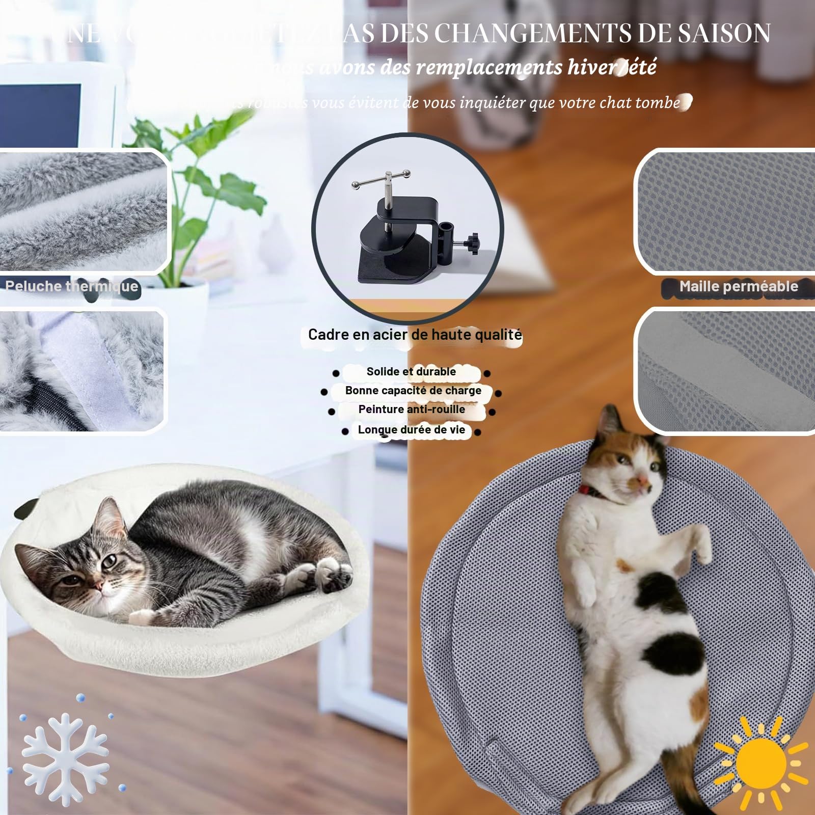 Lit de bureau pour chat avec cadre en acier réglable en fausse fourrure douce - Lit suspendu pour chats d'intérieur - Hamac parfait pour votre bureau et animaux de compagnie - Meuble moderne et unique