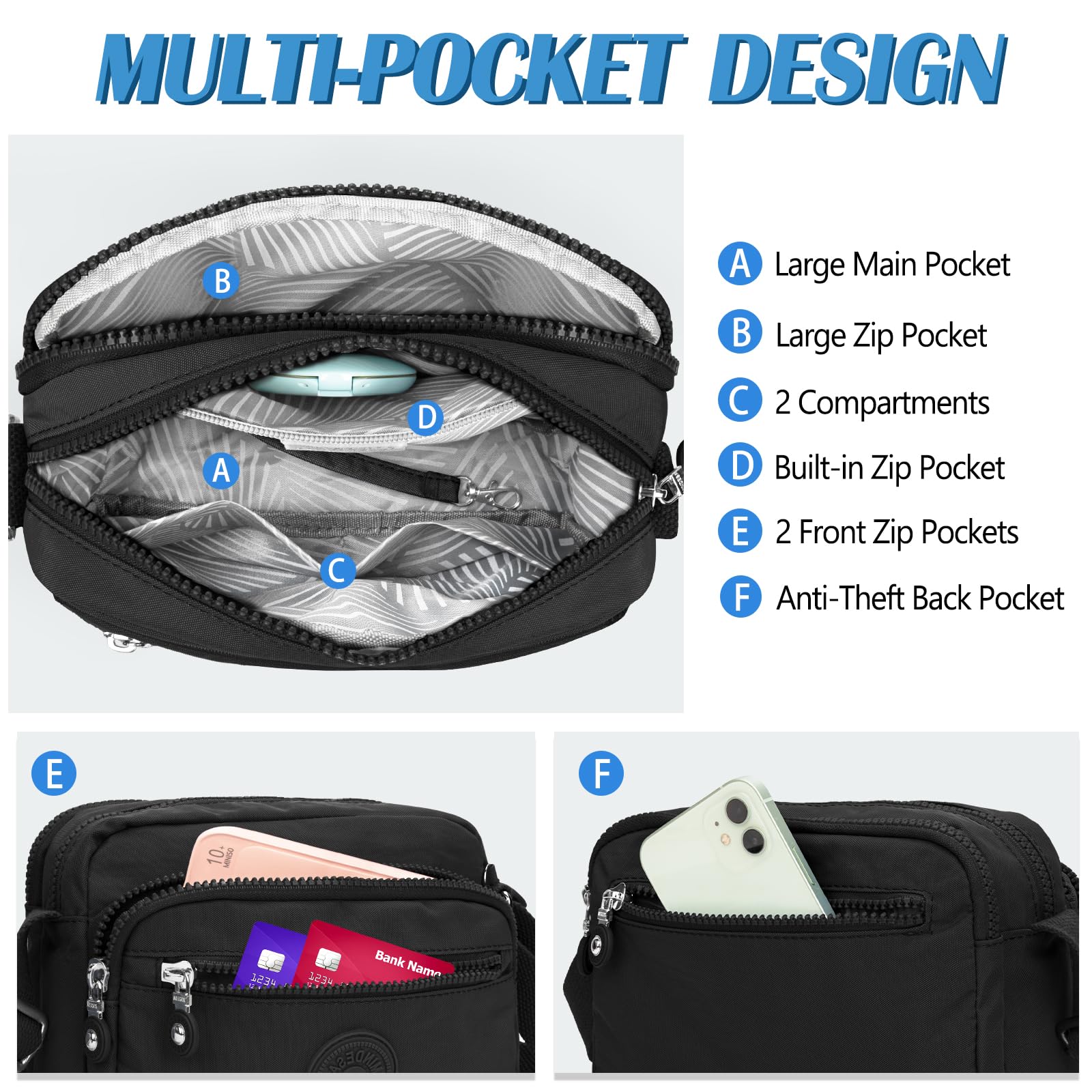 TEUEN Casual Borsa Tracolla Donna, Borsa a Spalla Borsetta in Nylon Impermeabile Crossbody Messaggero Borsa con Tracolla Regolabile Multitasche per Lavoro Sportiva Scuola Viaggio