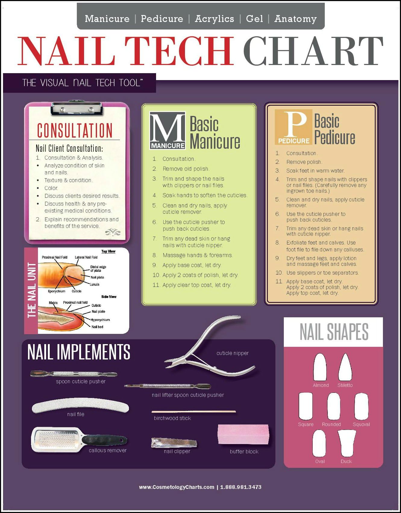 Nail Tech Chart - 2-Sided Laminated Quick Reference Guide For Professional Nail Techs, Students, Or Committed Educators, Covers Manicure's, Pedicure's, Acrylics, Gel & Anatomy