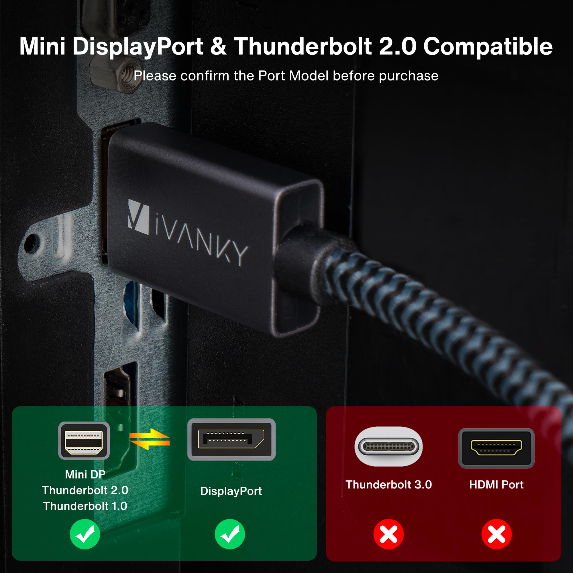 IVANKY Câble Mini DisplayPort vers DisplayPort 2m [8K@60Hz 4K@240Hz] - Câble Mini DP vers DP en Nylon Tressé, Connecteurs Plaqués Or 24K, Compatible pour MacBook Pro/Air, Surface Pro etc - Gris