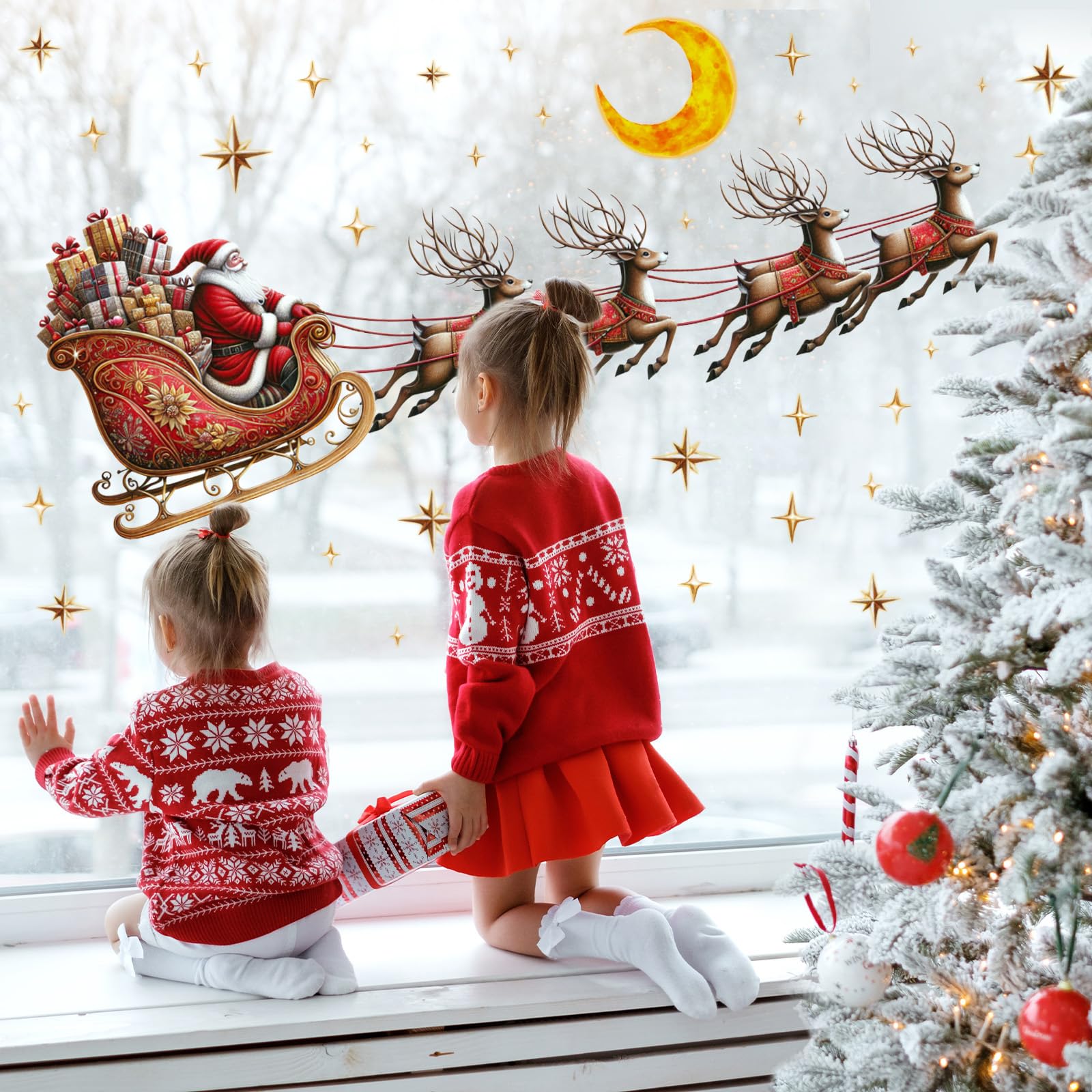 JarThenaAMCS Calcomanías de ventana de Navidad con diseño de renos de Papá Noel, calcomanías de vidrio de doble cara para decoración de fiestas en el hogar de Navidad, 6 hojas