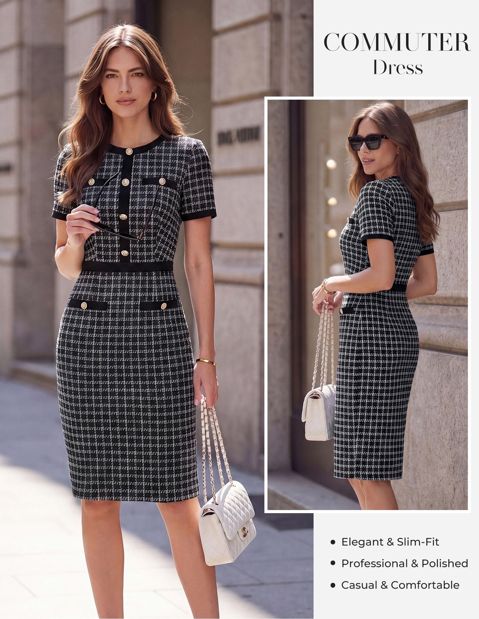 GRACE KARIN Kleider Damen Elegante Rundhal Kurzarm Bodycon Businesskleid Slim Fit Formelle Etuikleid