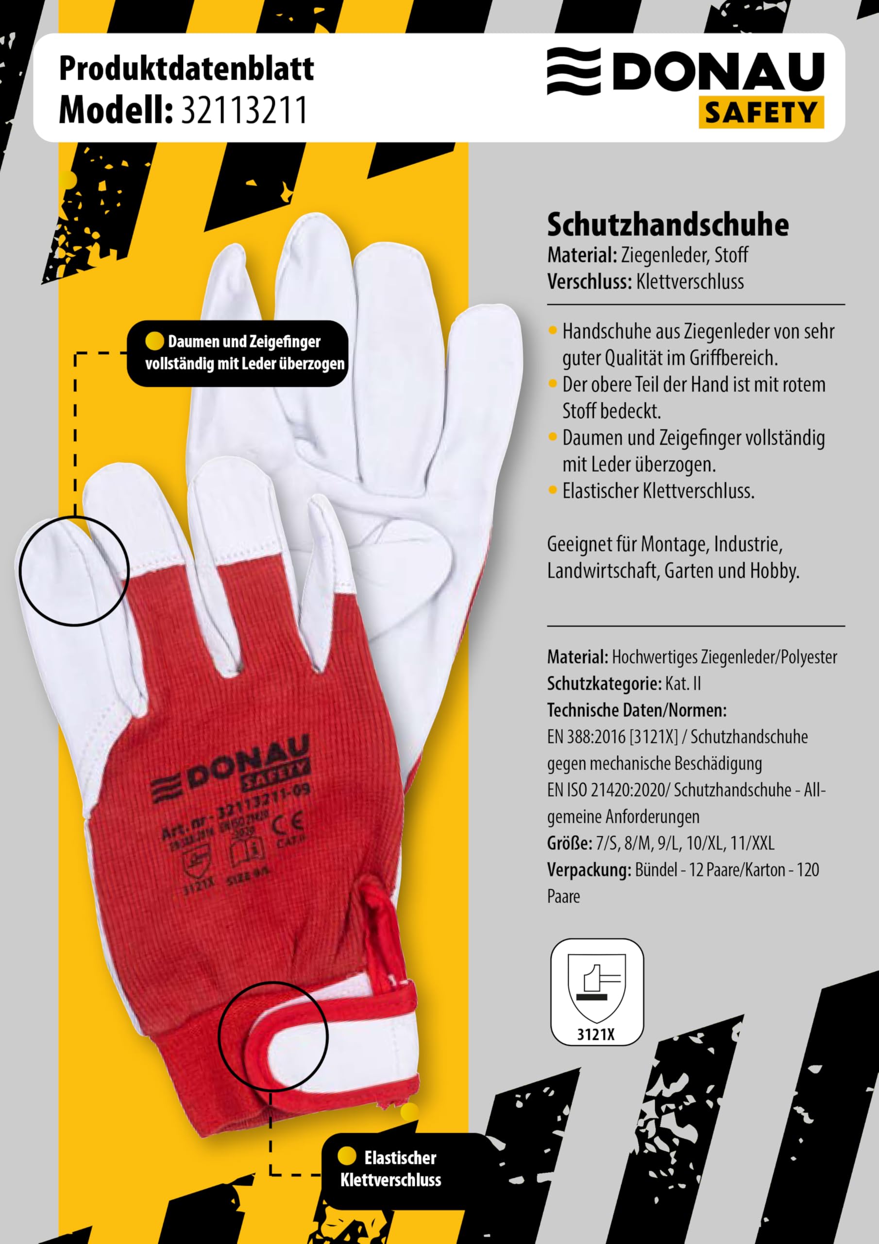 DONAU SAFETY Skórzane rękawice robocze z zapięciem na rzepy, rozmiar 11/XXL, 1 para, białe, czerwone, rękawice montażowe, miękkie i wygodne, rękawice ochronne ze skóry koziej i tkaniny poliestrowej