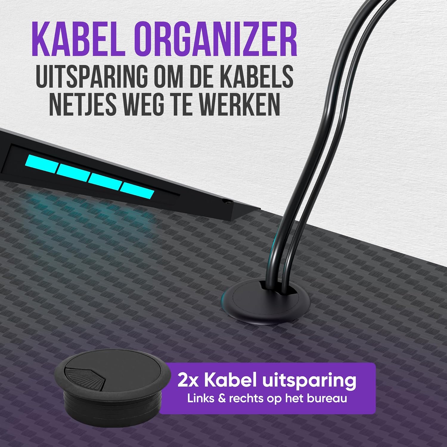 Close-up of the Avalo Gaming Desk's cable organizer cutout with cables neatly routed through it