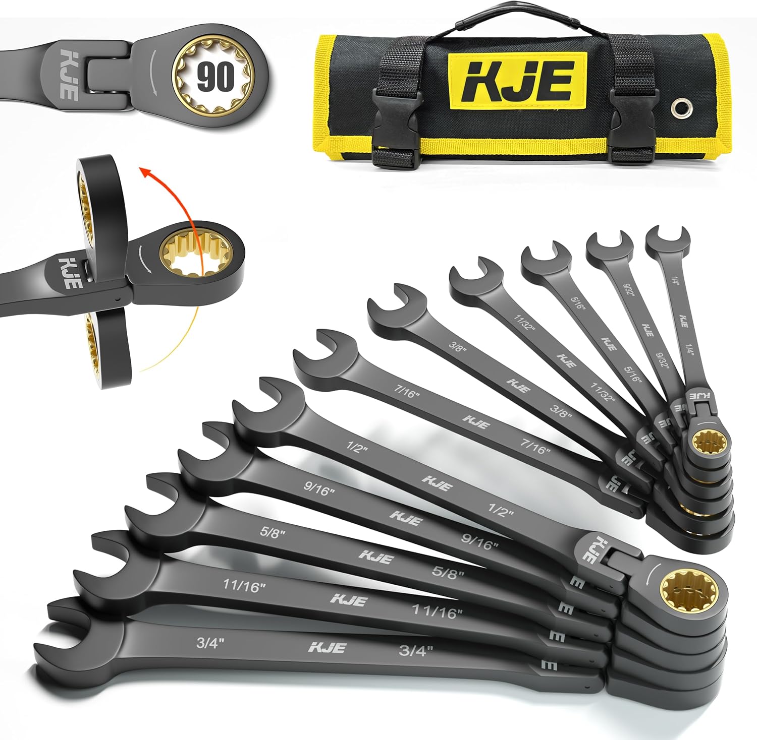 KJE 90-Teeth SAE 180° Flex-Head Ratcheting Wrench Set, Cr-V Steel, 11-Piece SAE 1/4″-3/4″ Combination Wrenches set, Nickel Plating, with Organizer Bag, for Auto, Machine Repair, Father’s Day Gift