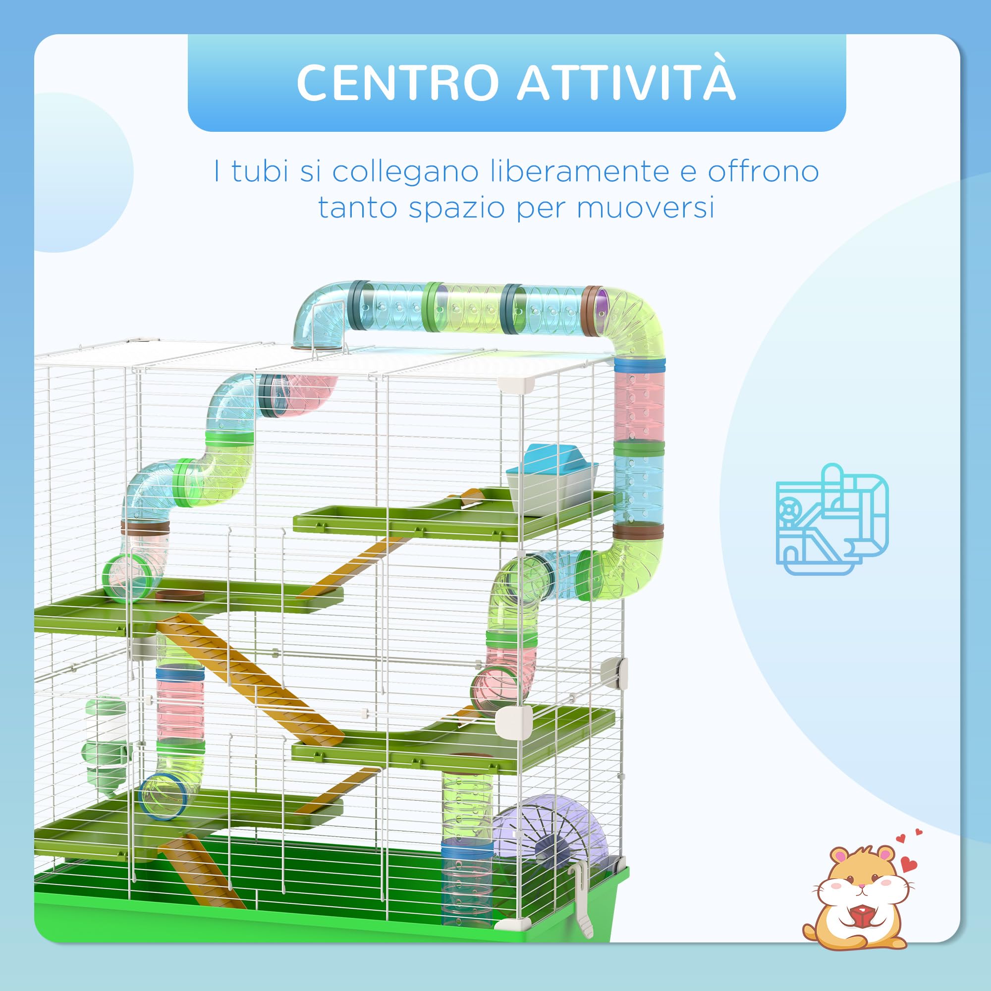 PawHut Gabbia per Criceti a 5 Livelli con Tubi, Casetta, Serbatoio dell'Acqua, Rampe, Ciotola, Piattaforme e Ruota, Gabbietta per Roditori con 2 Maniglie in Acciaio, PP e PS, 59x36x69 cm, Verde