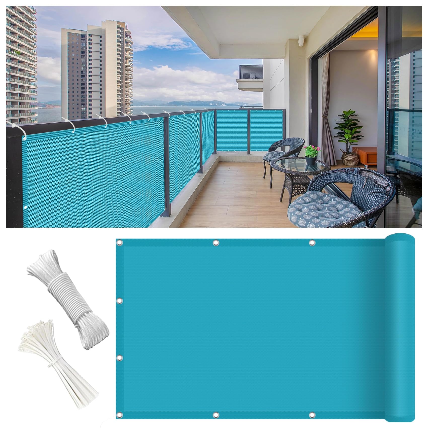 Sonnensegel Balkon Ohne Bohren 75 x 900 cm UV Und Wetterbeständig, Staubdicht, Garantie Auf Material, Reißfest Windschutz Balkon Sichtschutz mit Kabelbinder Kordel für Balkon, Blau