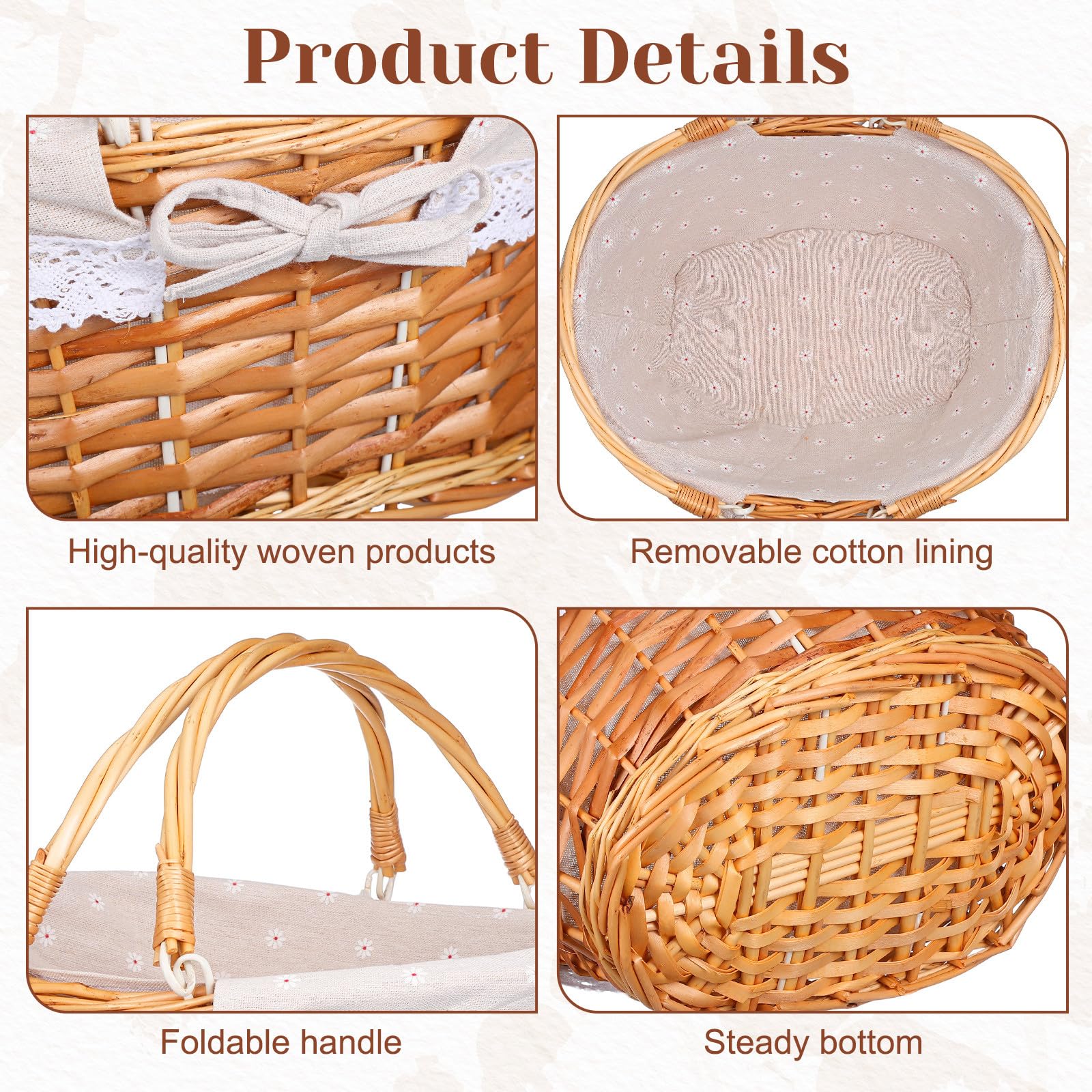 Handgeflochtener Weidenkorb mit Henkel und Futter Blumenkorb für Hochzeiten und Partys Vielseitiger Aufbewahrungskorb in Khaki für Picknick und Dekoration