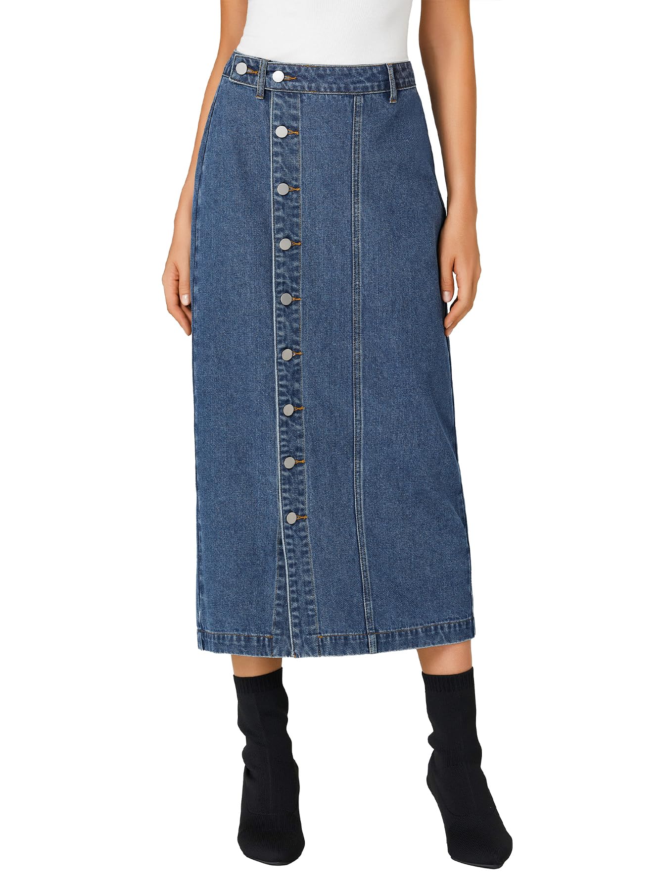 KIFOVEN Womens Casual Slit Jean Midi Skirt High Waist Button Up Denim Skirt Solid Blue Medium