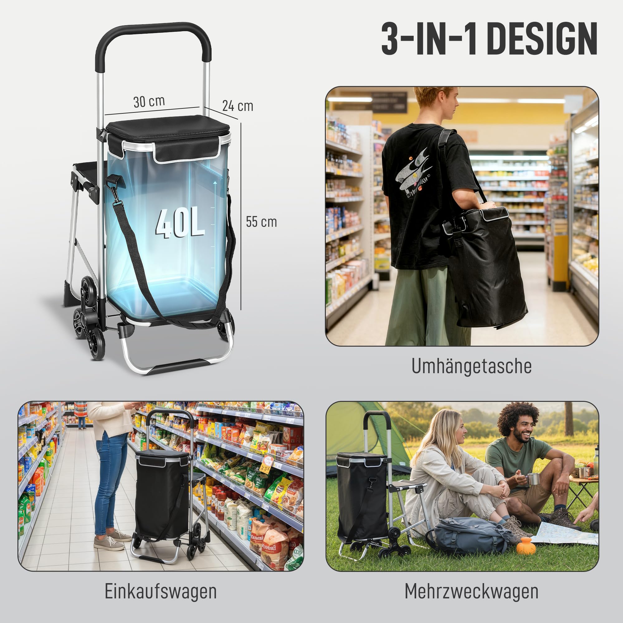 HOMCOM 3-in-1 Einkaufstrolley klappbar mit 40L Kapazität, klappbar Sitz, Trolley bis 25kg belastbar Einkaufswagen Sackkarre Umhängetasche Treppensteiger Schwarz
