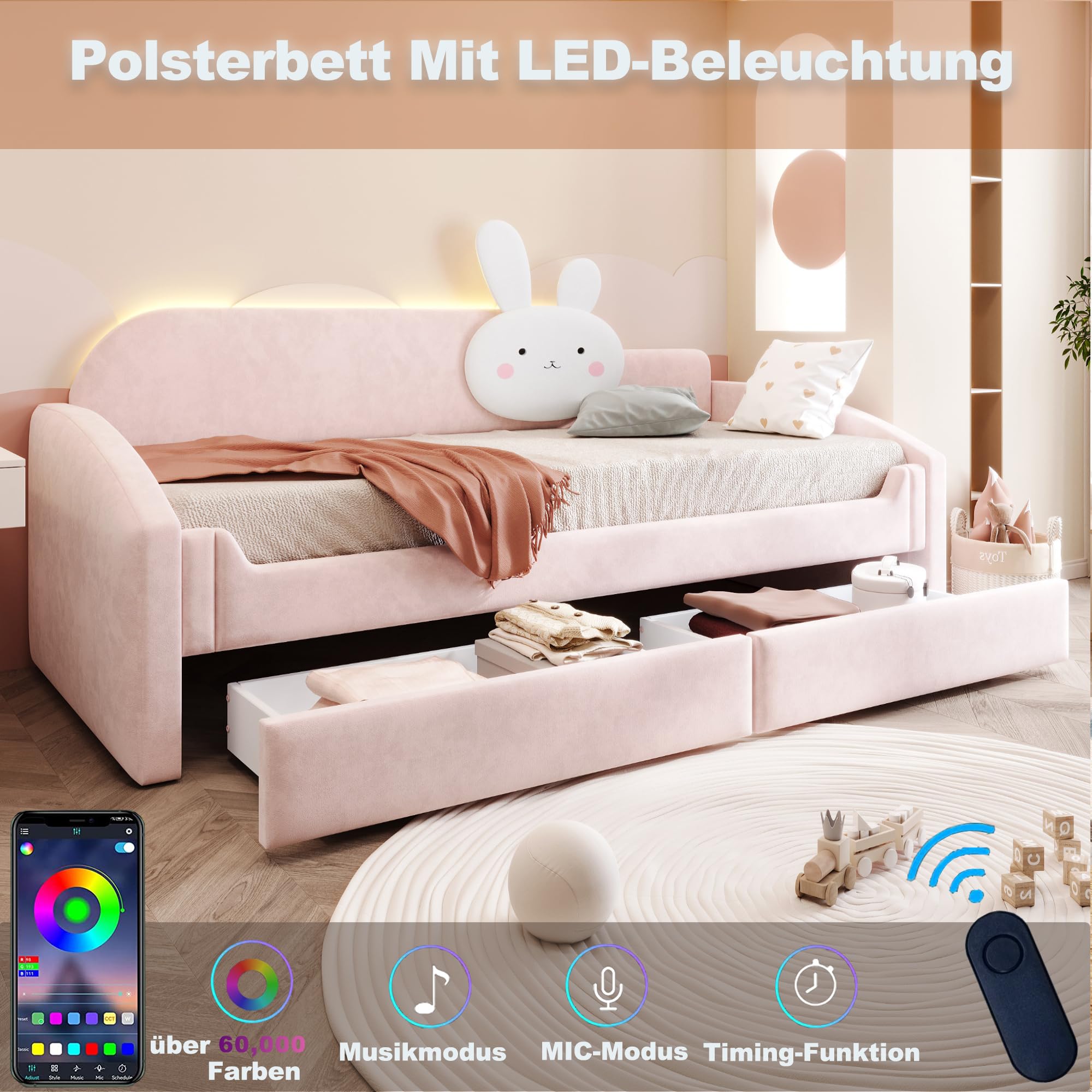 Sofá cama infantil de 90 x 200 cm con dos cajones debajo de la cama, respaldo con cojín para conejos, reposabrazos acolchados, cama para niños y niñas, tela de terciopelo, color rosa