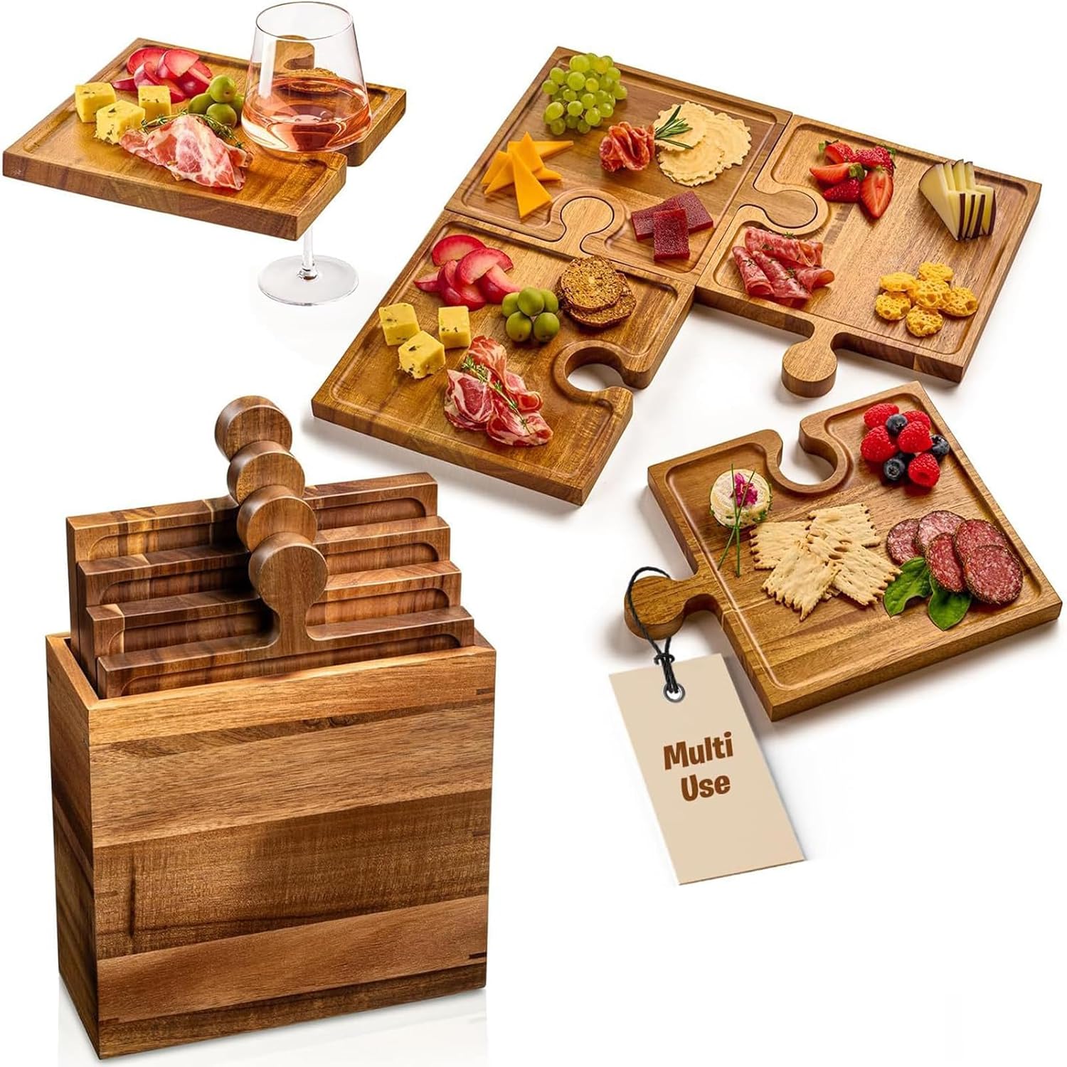 Puzzle Charcuterie Board Set of 4 - Wooden Cutting Board with Handle, Food Fruit Nut Snack Acacia Wood Platter Tray for Festival, Camping Charcuterie Boards Party Supplies Home Table Decor