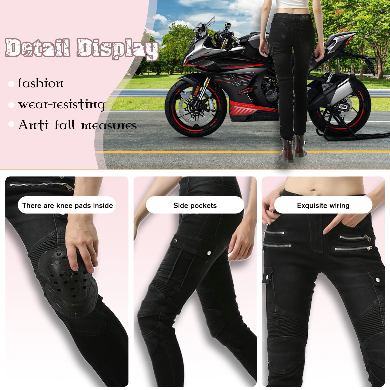 Jeans Moto Donna - Protezione Motorcycle Pantaloni con Strato in Kevlar,4 x Pad di Protezione,Protezioni CE per Ginocchia