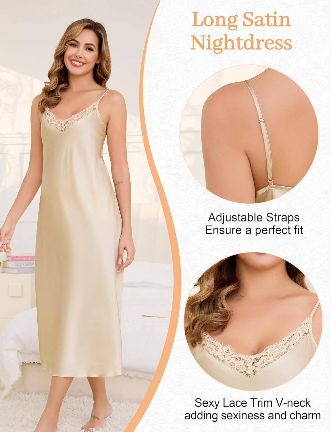 Vlazom Women's Satin Nightgowns Sexy Lingerie Long Nightgowns Satin Silk Negligee V Neck Lace Chemise Sleepwear S-XXL - Image 4