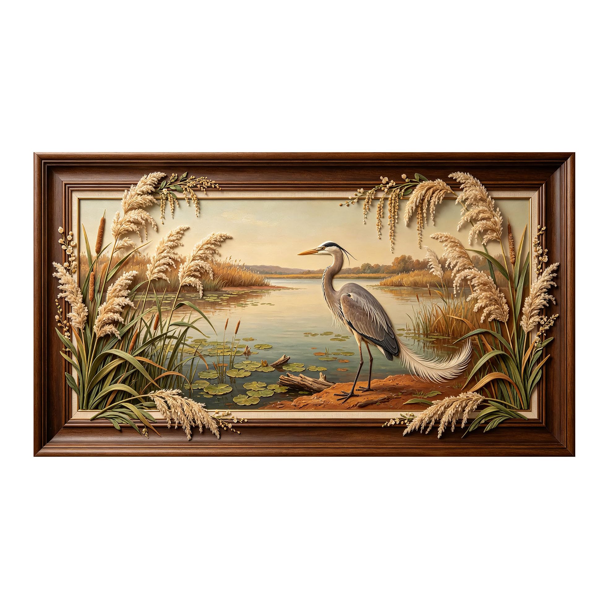 Yzpallescene 3D 3D Framed Wall Art 50cm×90cm Lake Heron Marsh Landscape Oil Painting Large Size SelfAdhesive Removable Wall Decor Prints Artwork for Living Room Bedroom Office