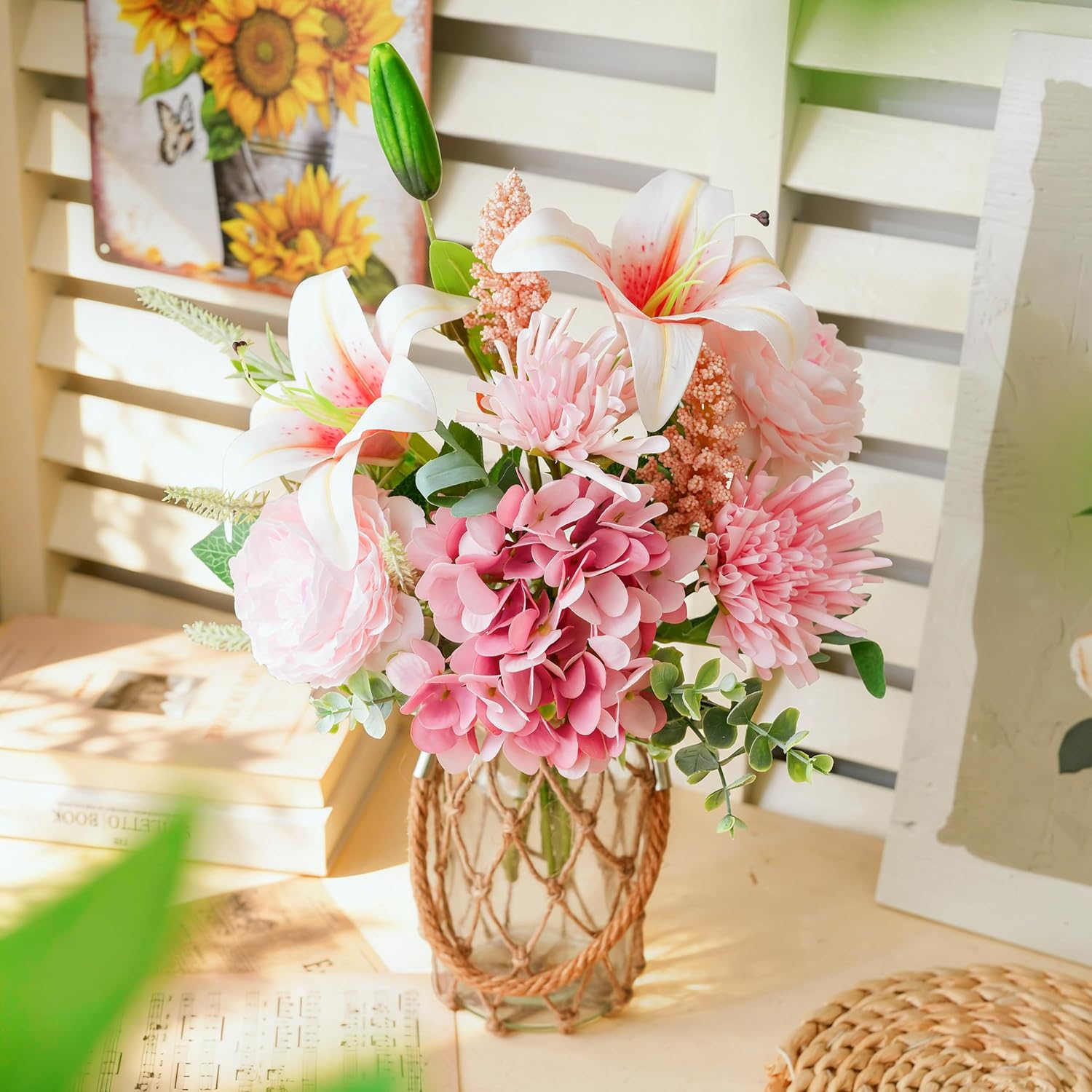 LUEUR Fake Flowers with Vase –Hydrangea & Lily Artificial Floral Arrangement, Perfect for Mother’s Day & Spring Gifts, Tabletop Centerpiece for Coffee Table, Dining Room & Farmhouse Home Decor