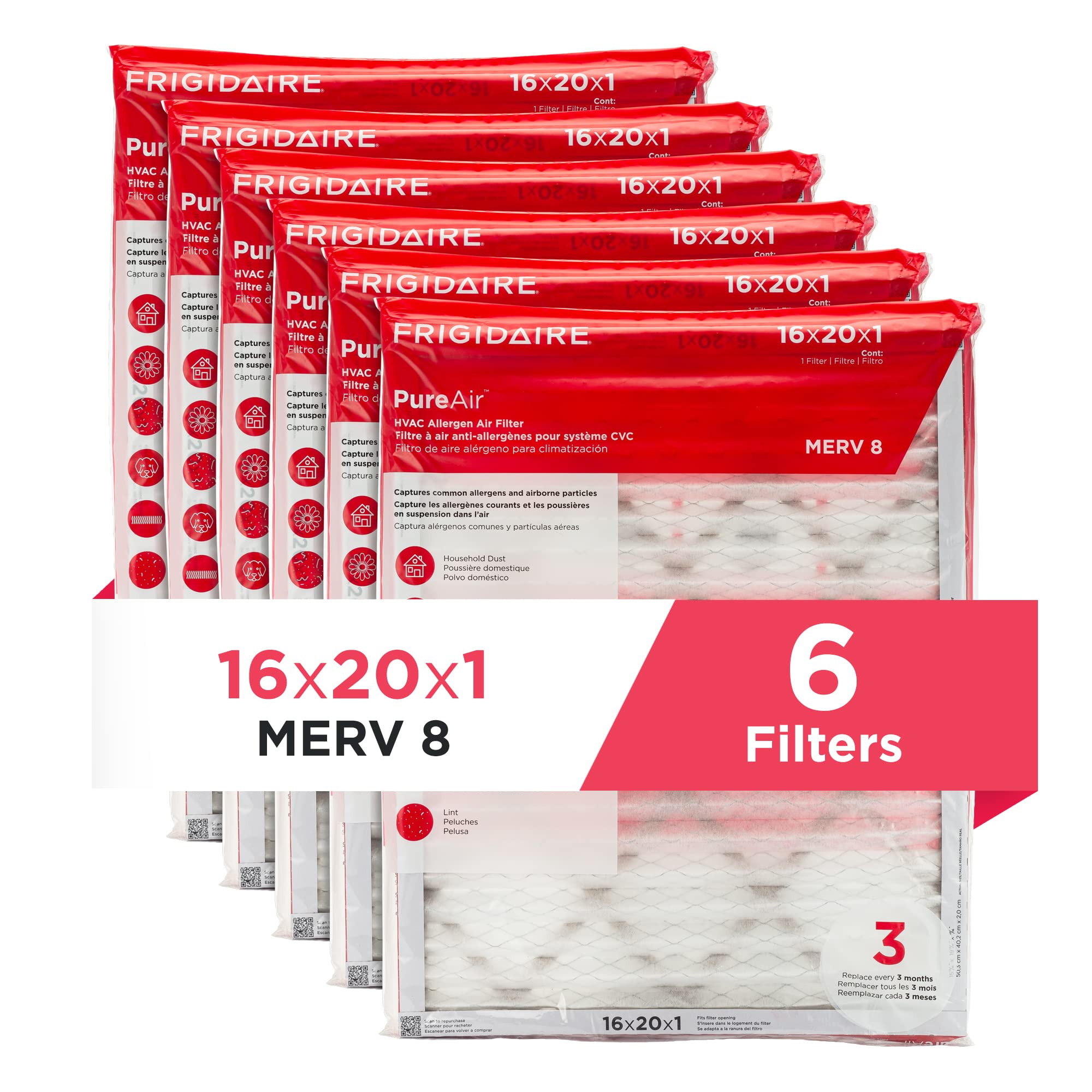 Frigidaire PureAir® 16x20x1 MERV 8 Allergen Electrostatic Pleated Air Conditioner HVAC AC Furnace Filters - 6 Pack