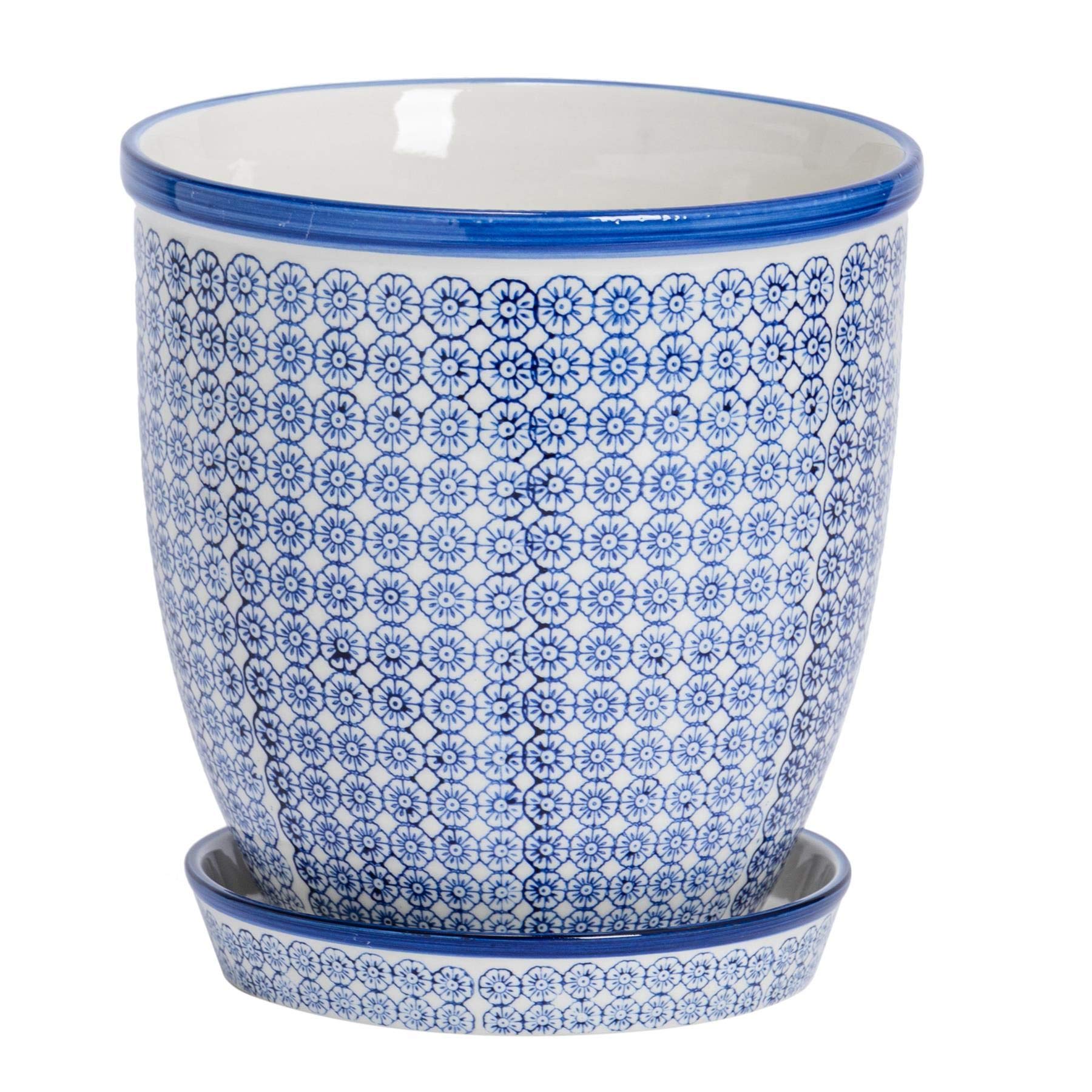 Rinkit.com Navy 20Cm Hand Printed Stoneware Plant Pot With Saucer