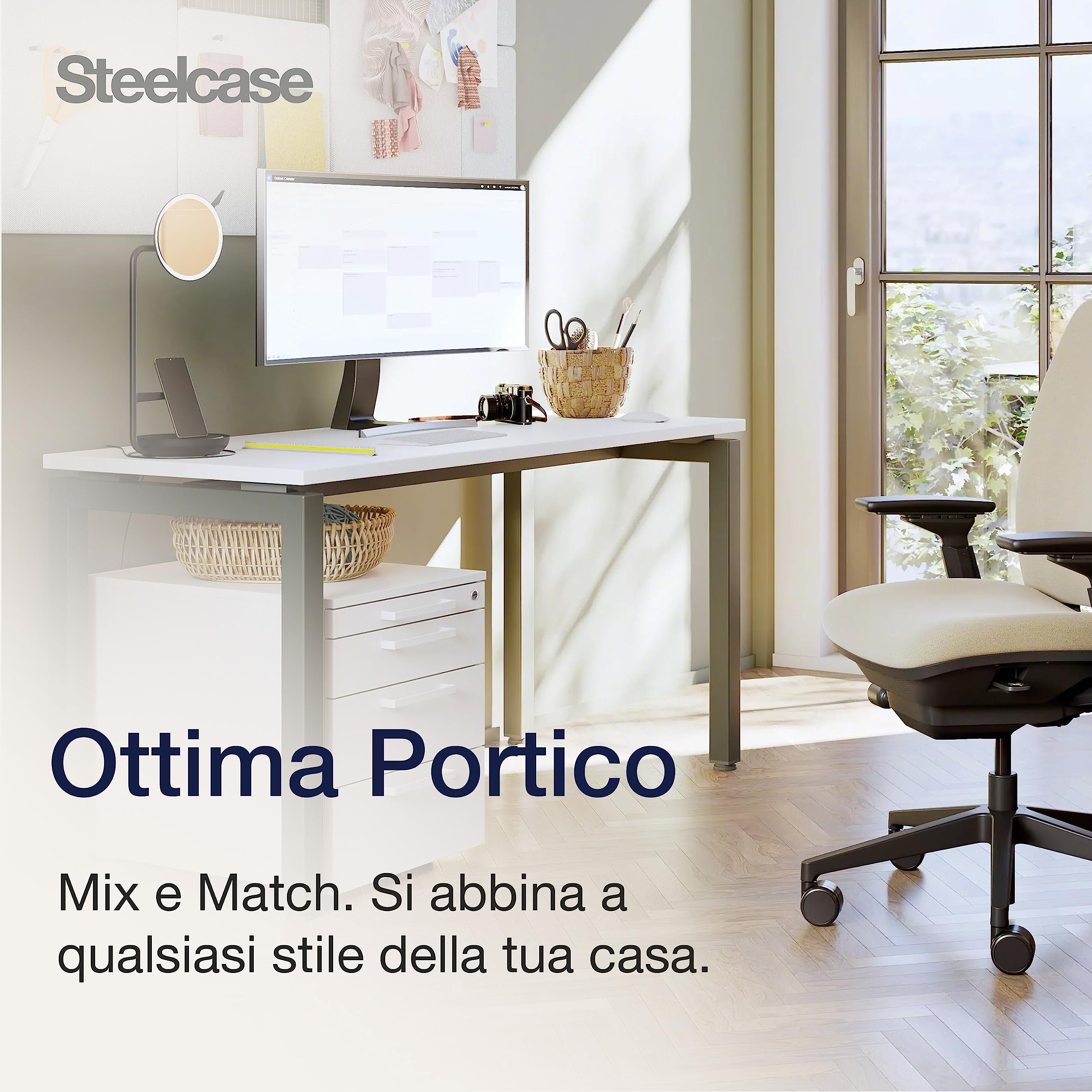 Steelcase Ottima Portico Scrivania Home Office ad altezza fissa con piano in melaminico neve e struttura in acciaio inox neve, facile montaggio