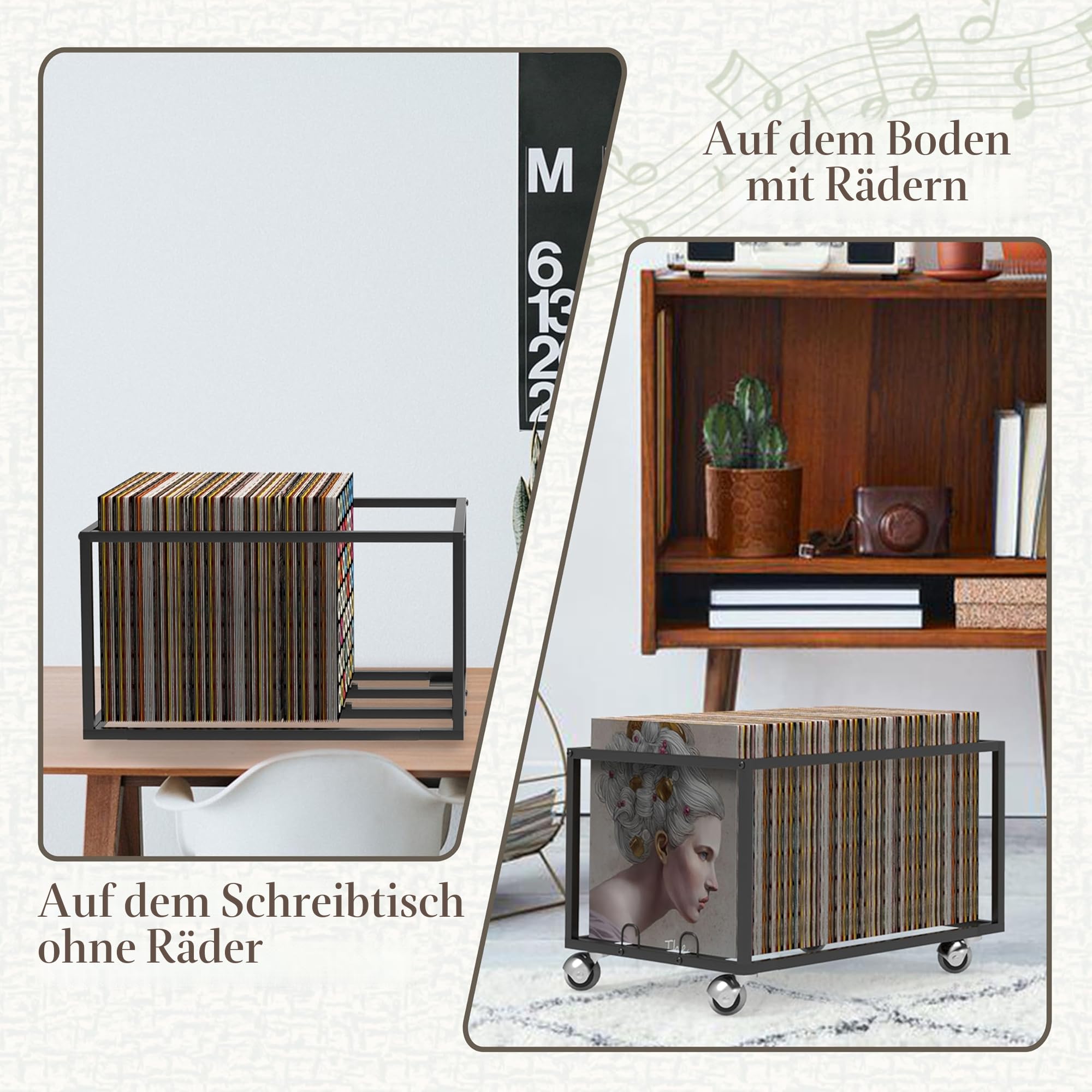 Schallplattenaufbewahrung auf Rädern, stabile Metallstruktur, hält bis zu 100 Alben, stilvoller Organizer für Ihre Vinyl-Sammlung