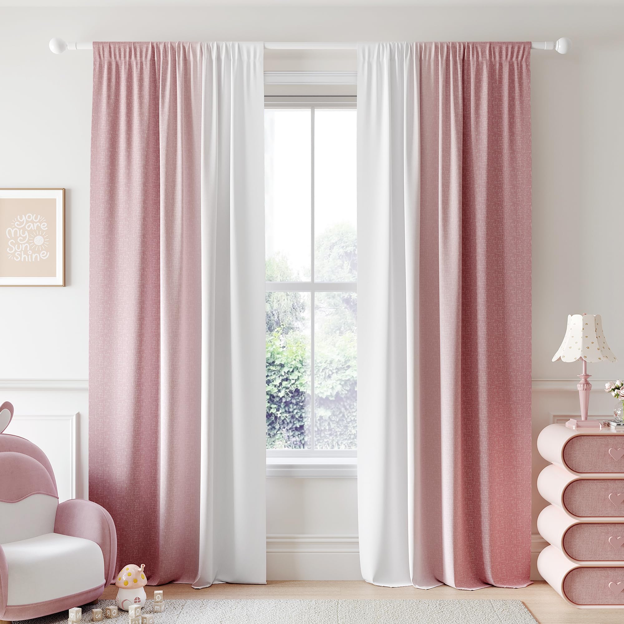 Geomoroccan Ombre 100% Blackout Curtains 84 Inches Long 2 Panels for Girls Bedroom Living Room Pink and White Gradient Full Room Darkening Thermal Soundproof Rod Pocket Window Drapes, 52x84, 2 Sets