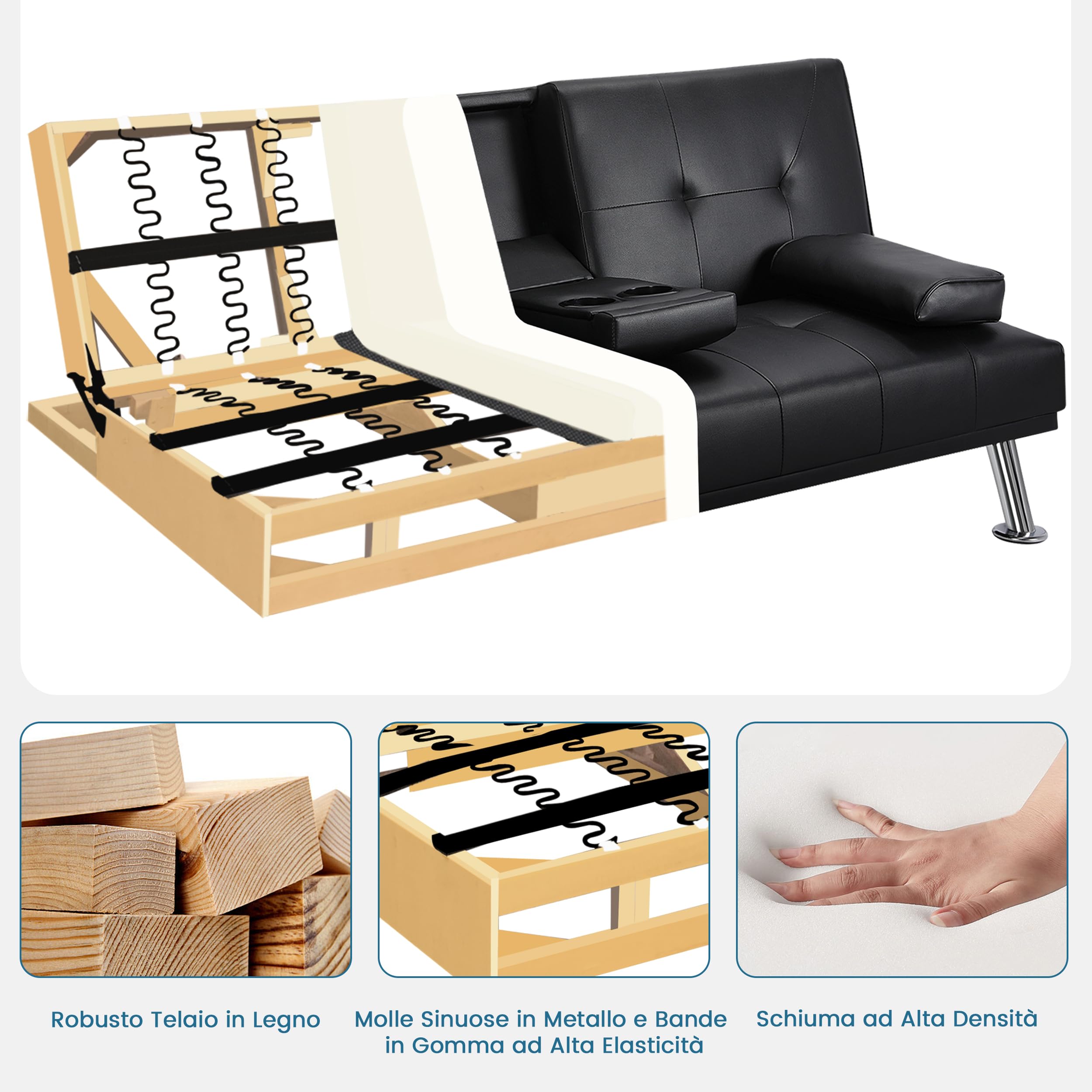 Yaheetech Divano Letto con 2 Braccioli Staccabili Divano Trasformabile Mobile Imbottito a 3 Posti Divanetto Reclinabile da Salotto con Supporto Centrale Porta Bicchieri Nero/Finta Pelle