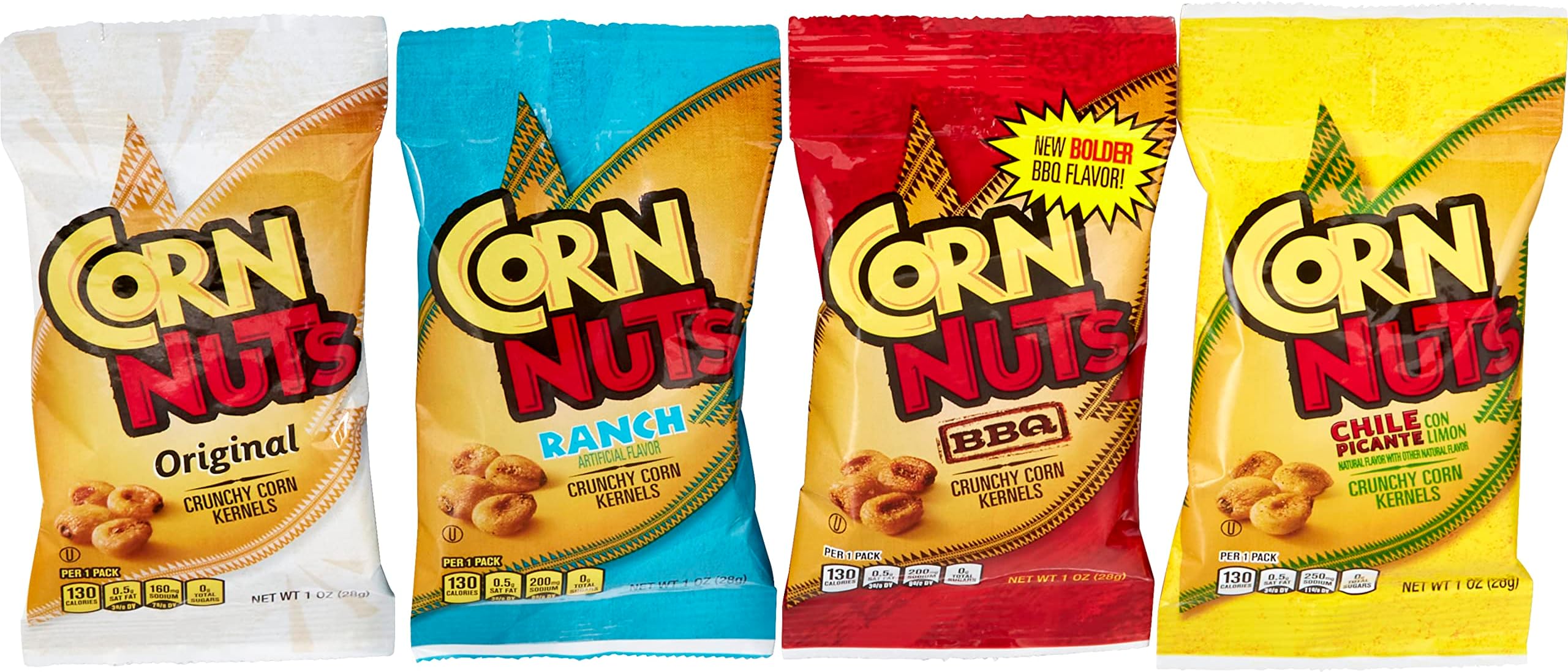 CORN NUTS Variety Pack, Crunchy Corn Kernels, Snack Box, Individual Packs, Snacks For Adults, Original, Ranch, BBQ, Chile Picante con Limon, 1oz. (Pack of 12)